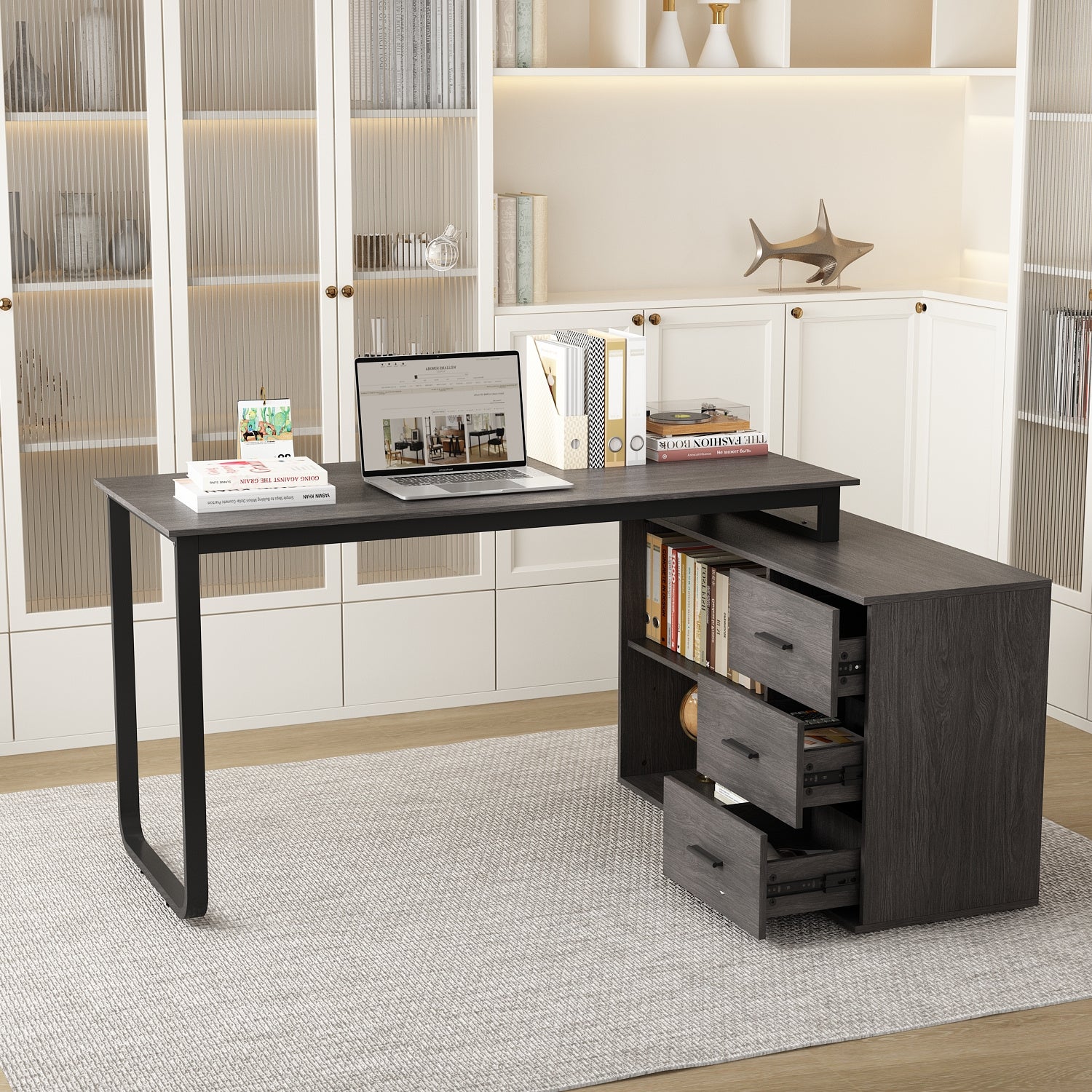 L-shaped Office Computer Desk with 3 Drawers And Open Storage Rack, Adjustable Shape, Modern Computer Desk with Spacious Desktop, Administrative Corner Desk, Study Desk, Writing Desk, Stylish Design