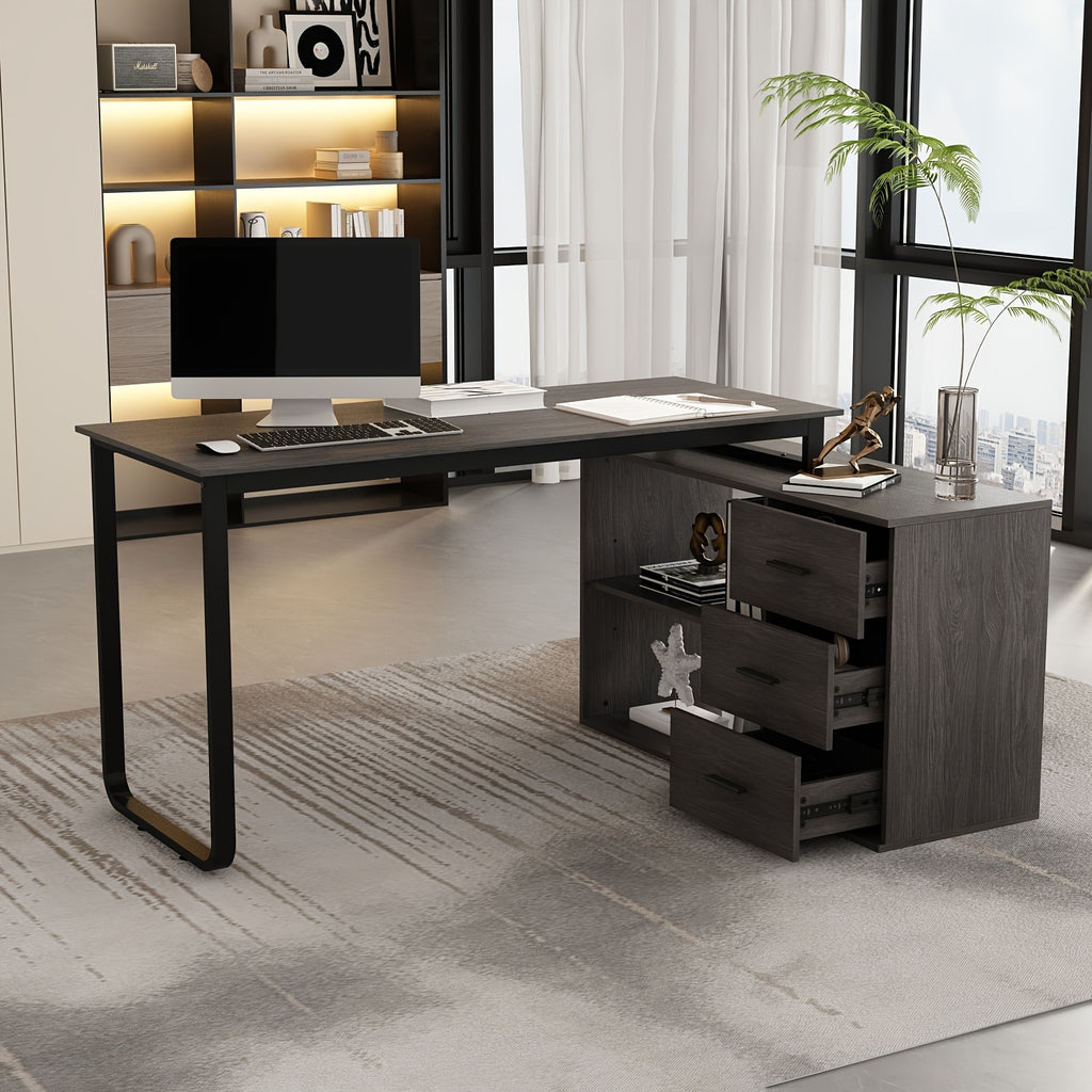 L-shaped Office Computer Desk with 3 Drawers And Open Storage Rack, Adjustable Shape, Modern Computer Desk with Spacious Desktop, Administrative Corner Desk, Study Desk, Writing Desk, Stylish Design