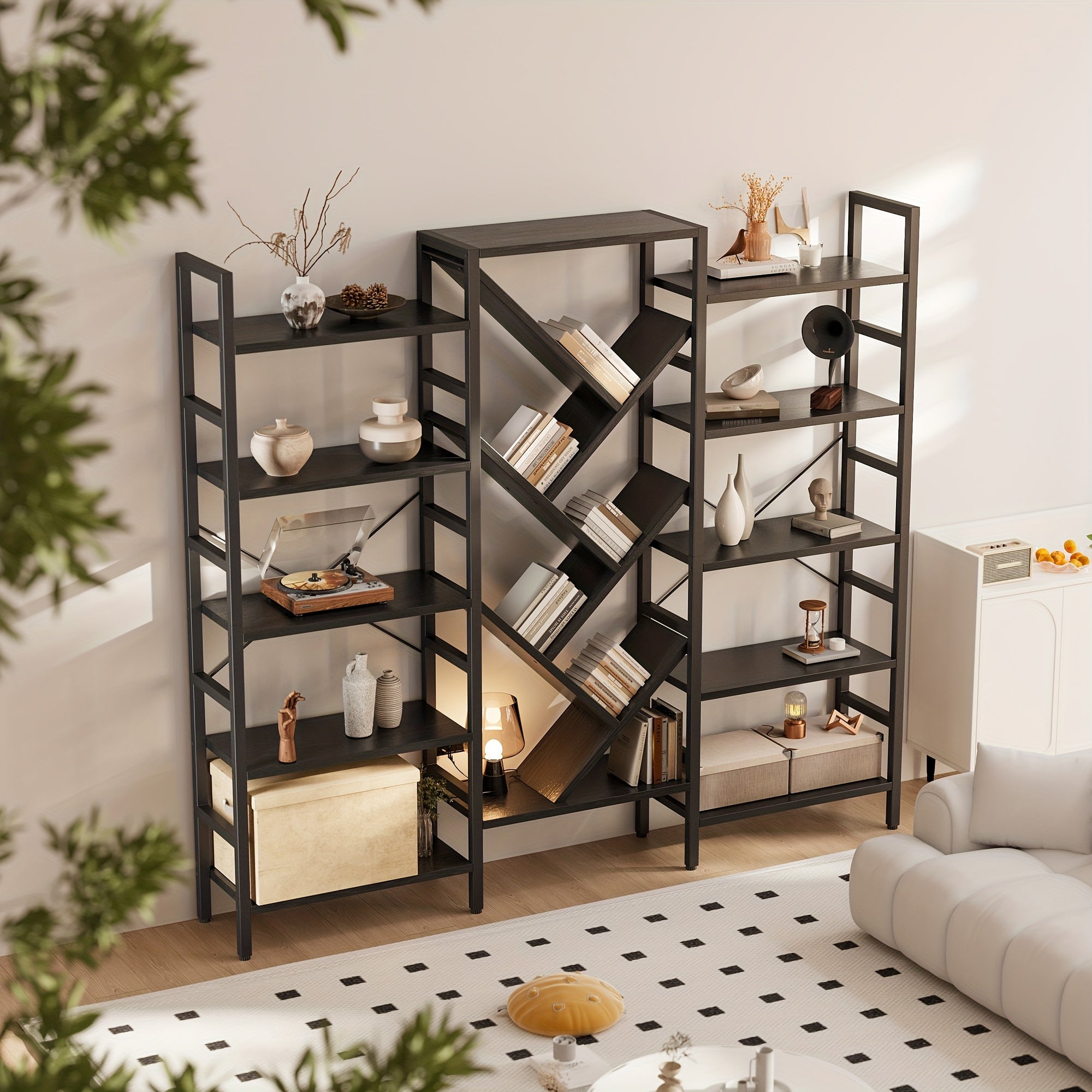 Modern Wooden Bookcase Modern 5-Tier Large Wooden Bookcase with 17 Open Display Shelves - Metal Frame, 70.9\
