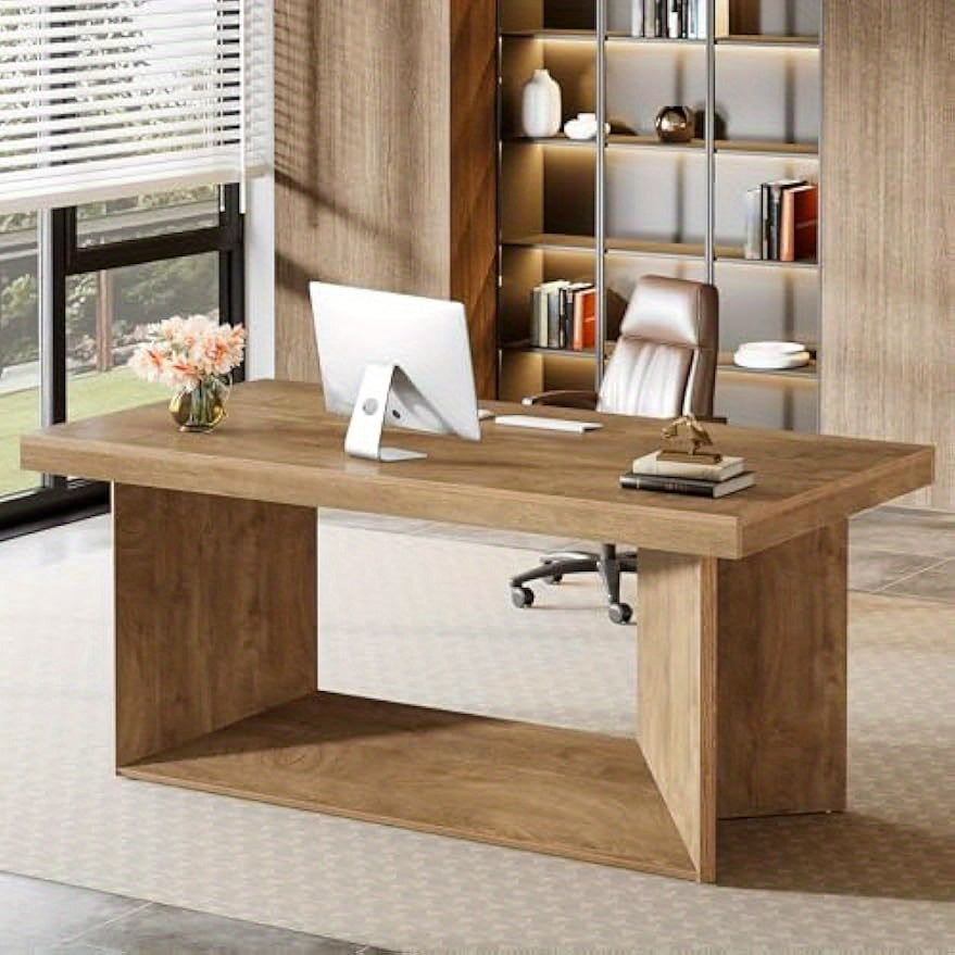 Executive Desk, Large Office Computer Desk with Heavy Duty Pedestal, Farmhouse Simple Workstation Writing Table, 63-Inch, Rustic Brown, for Home Office