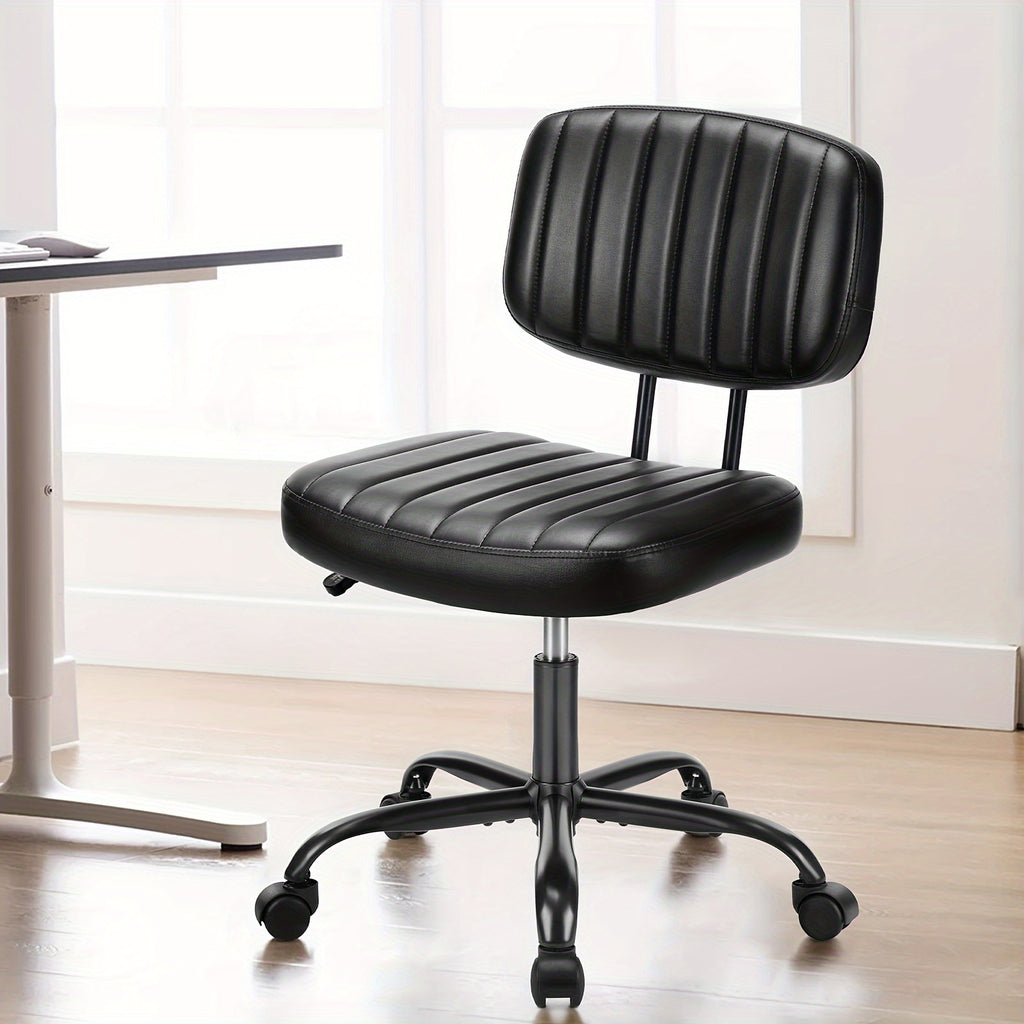Small Desk Chair Armless, Comfortable Office Chair with Wheels, Rolling Task Chair with Low Back Lumbar Support, Vanity Chair for Bedroom Living Room Study Room, PU Leather