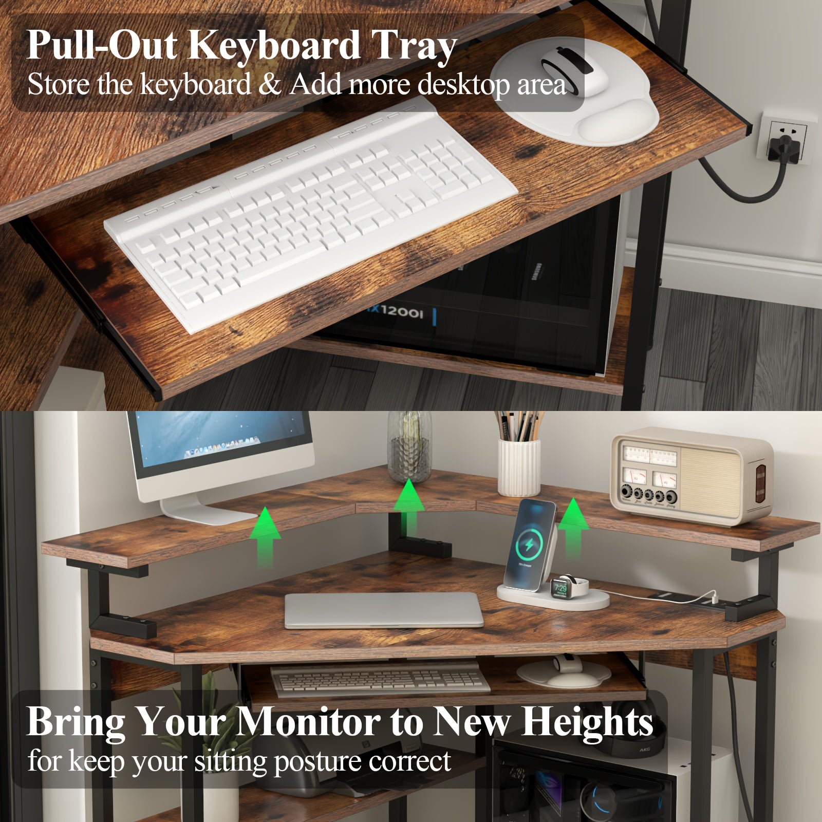 Corner Computer Desk with Monitor Stand & Keyboard Tray, Corner Desk with Storage Shelves, 90 Degree Triangle Corner Desk for Small Space, Gaming Computer Table with Home Office, Bedroom