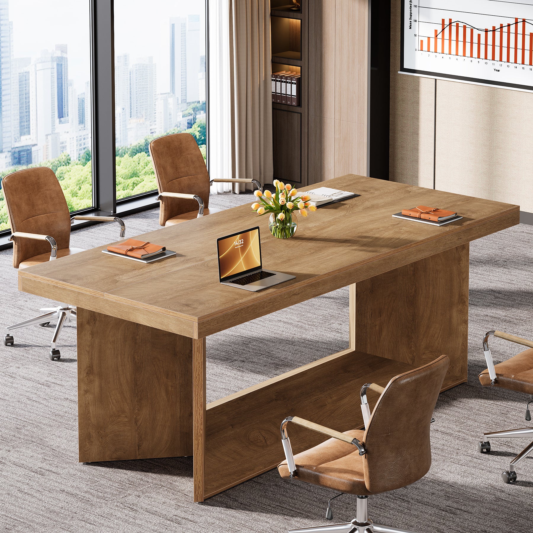 Executive Desk, Large Office Computer Desk with Heavy Duty Pedestal, Farmhouse Simple Workstation Writing Table, 63-Inch, Rustic Brown, for Home Office