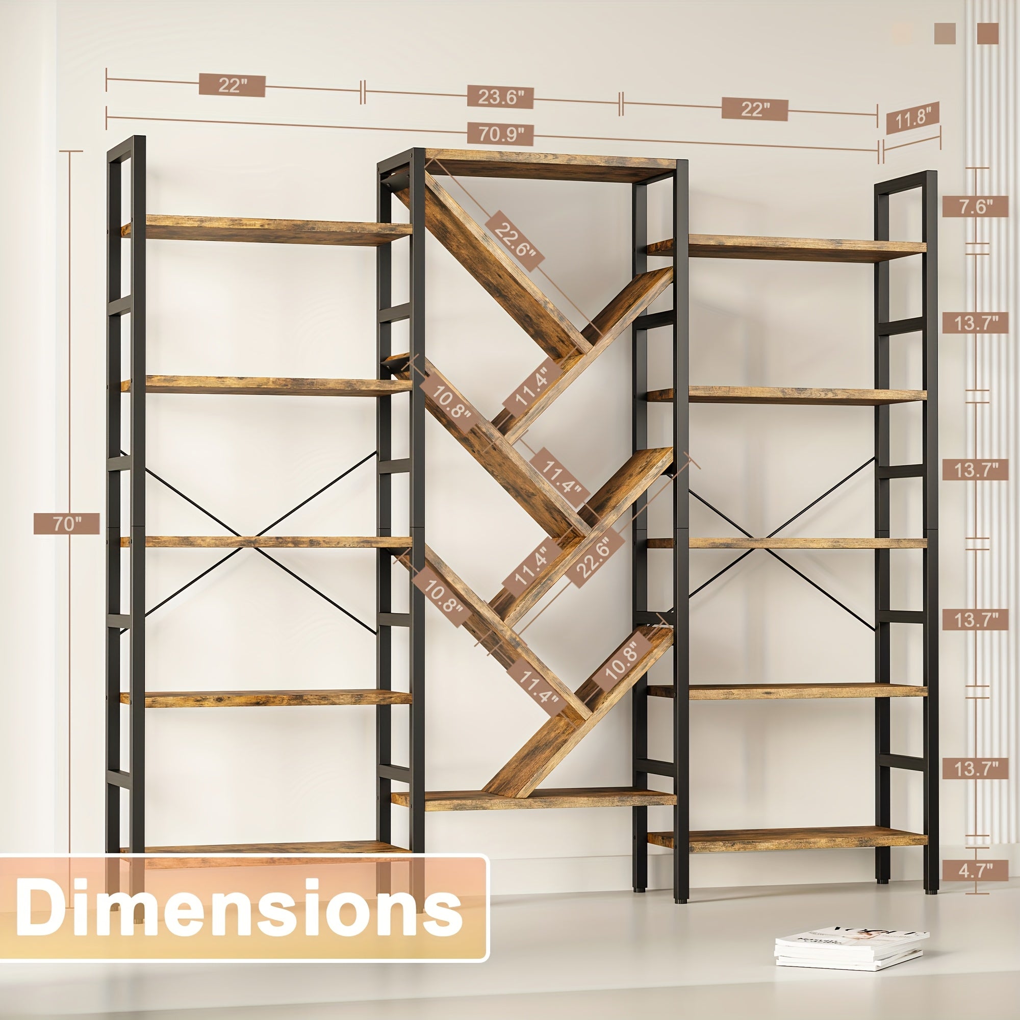 Modern Wooden Bookcase Modern 5-Tier Large Wooden Bookcase with 17 Open Display Shelves - Metal Frame, 70.9\