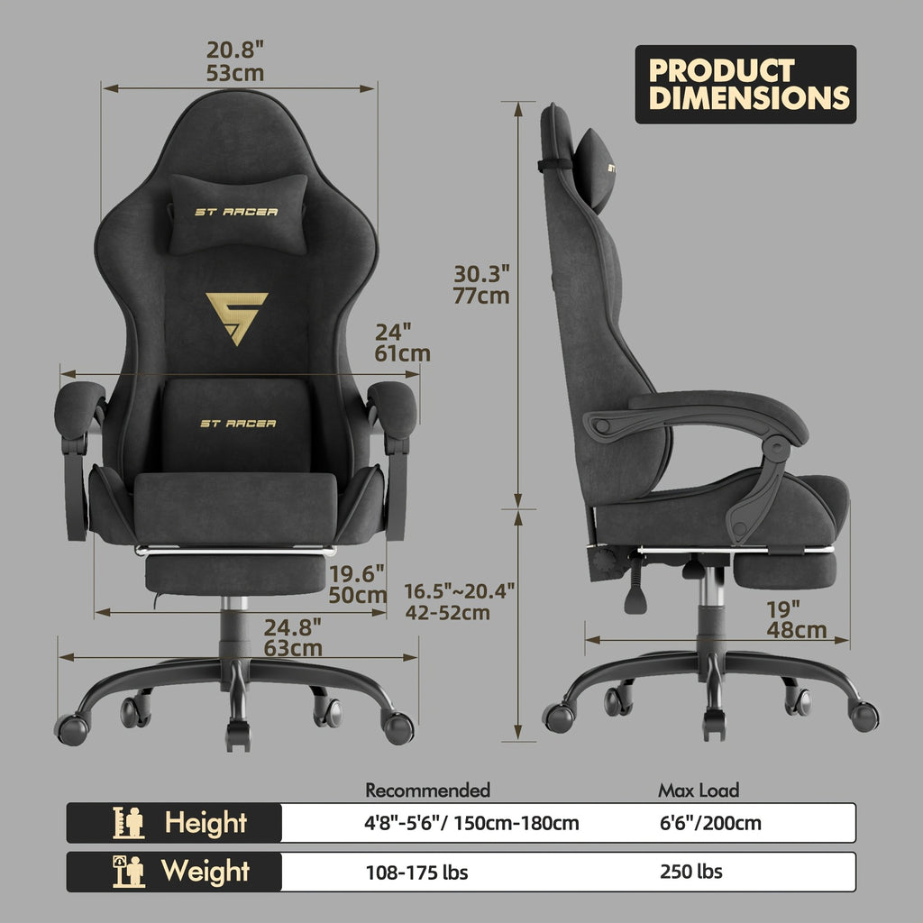 Ergonomic Gaming Chair, Expandable Compatible with Others, Racing Style with Massage & Manual Recliner, for Adults & Teens, Footrest-like Base & Plush Soft Cushioning, Multi-Color Options (Velvet Metal), PC Laptop Computer Desk Chair