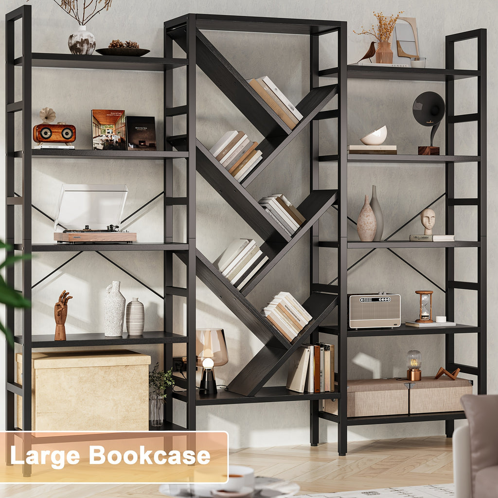 Modern Wooden Bookcase Modern 5-Tier Large Wooden Bookcase with 17 Open Display Shelves - Metal Frame, 70.9\