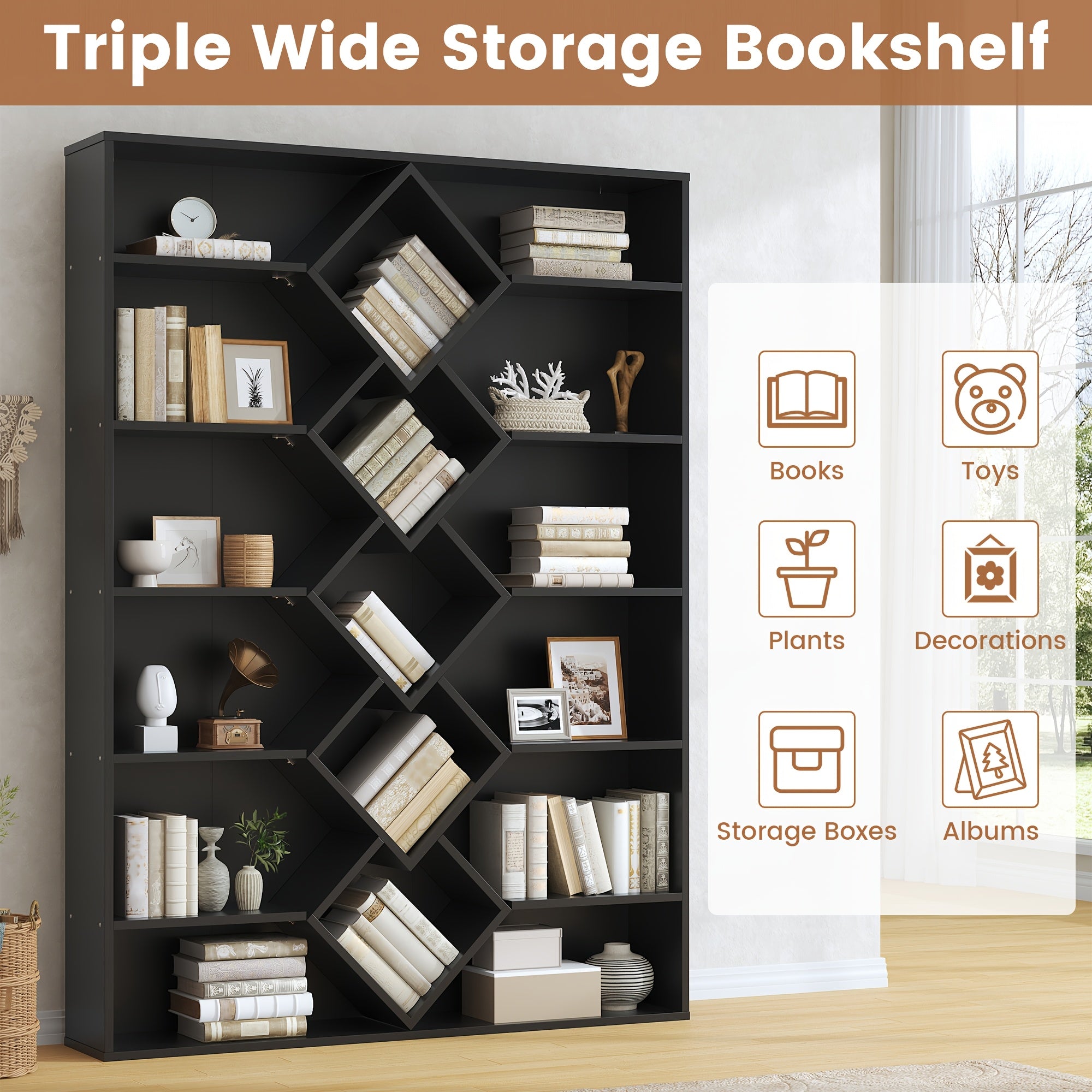 Triple Wide Bookshelf, 6 Tier Large Bookshelf, Bookcase with 17 Open Display Shelves, 71'' Tall Bookcases And Bookshelves for Living Room, Home Office, Library