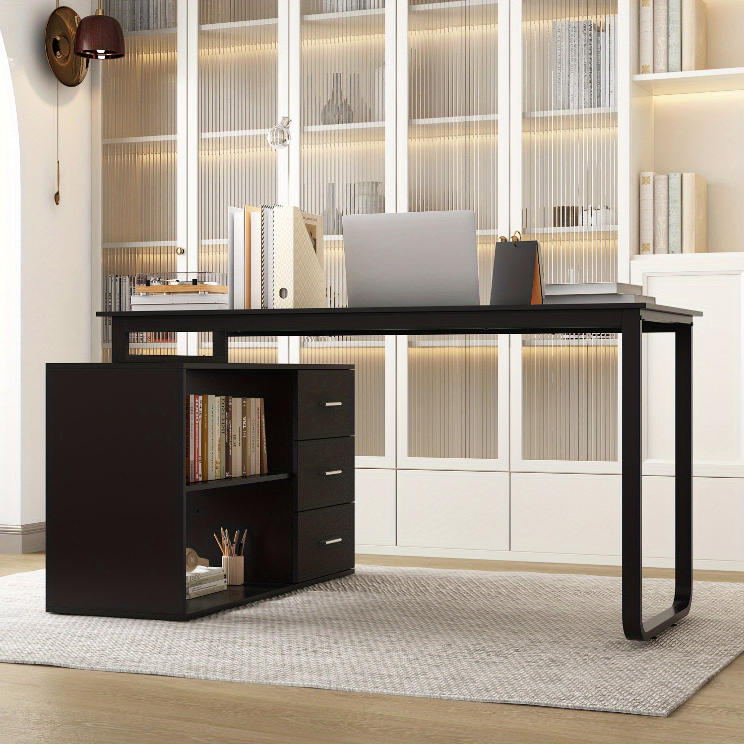 L-shaped Office Computer Desk with 3 Drawers And Open Storage Rack, Adjustable Shape, Modern Computer Desk with Spacious Desktop, Administrative Corner Desk, Study Desk, Writing Desk, Stylish Design
