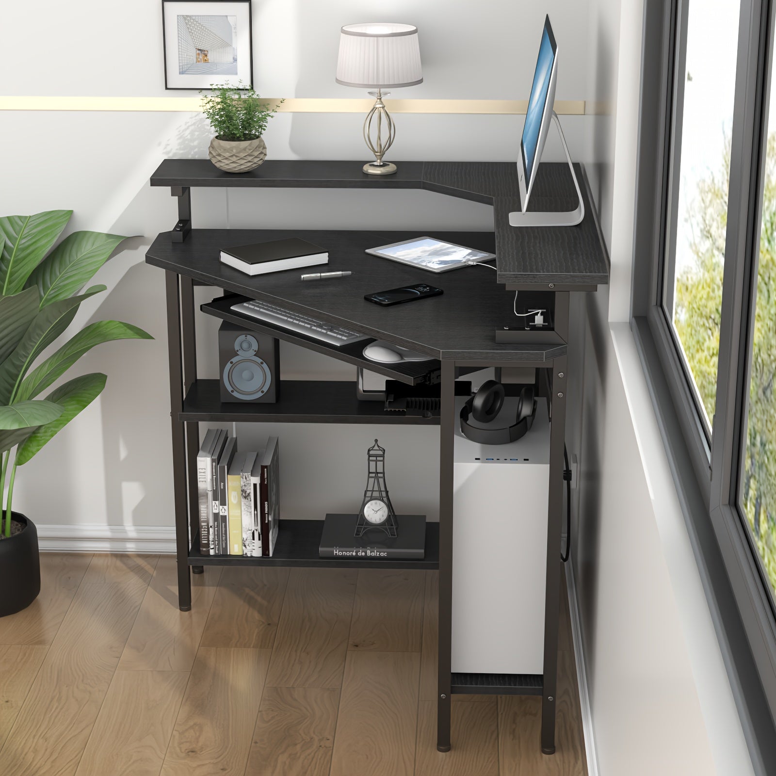 Corner Computer Desk with Monitor Stand & Keyboard Tray, Corner Desk with Storage Shelves, 90 Degree Triangle Corner Desk for Small Space, Gaming Computer Table with Home Office, Bedroom