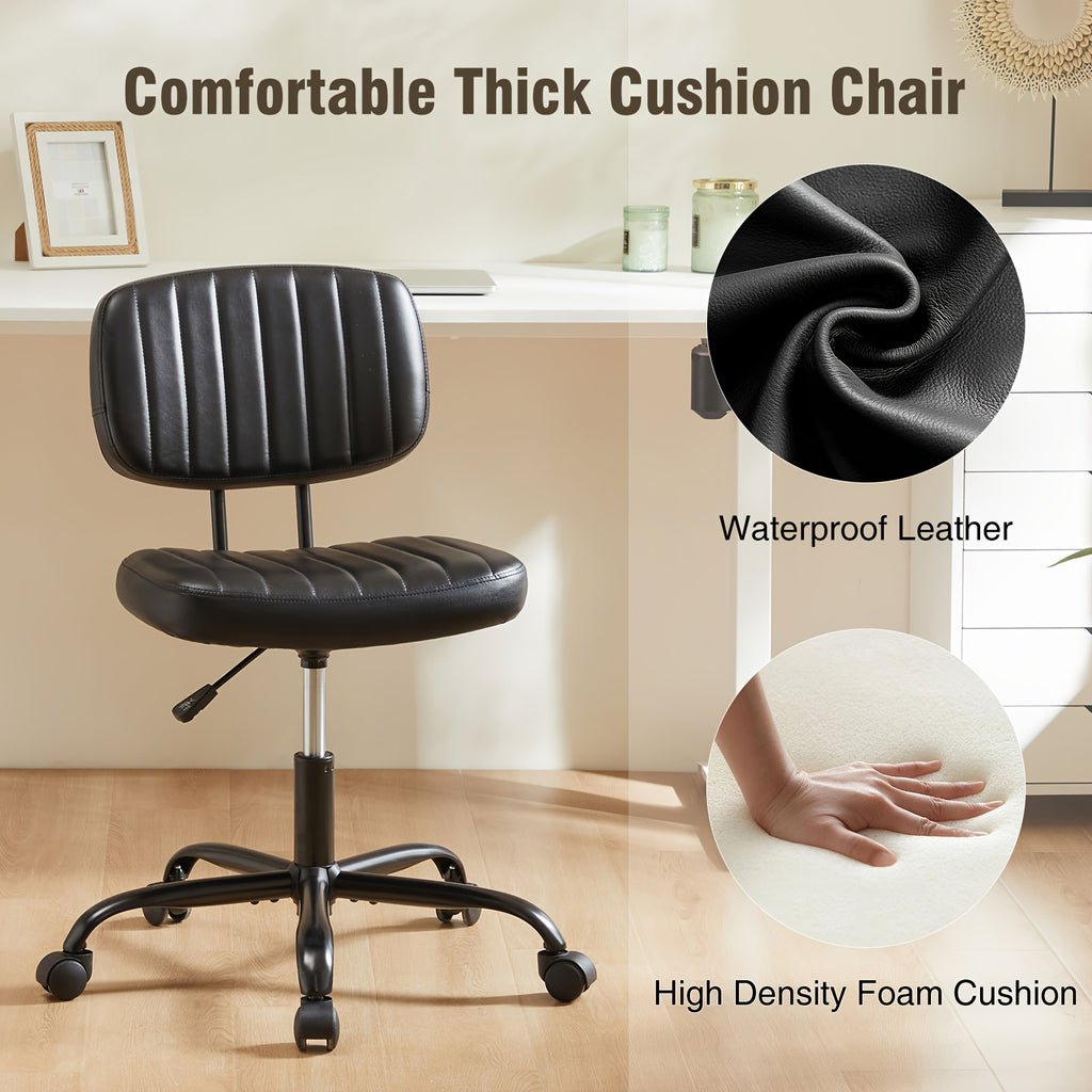 Small Desk Chair Armless, Comfortable Office Chair with Wheels, Rolling Task Chair with Low Back Lumbar Support, Vanity Chair for Bedroom Living Room Study Room, PU Leather