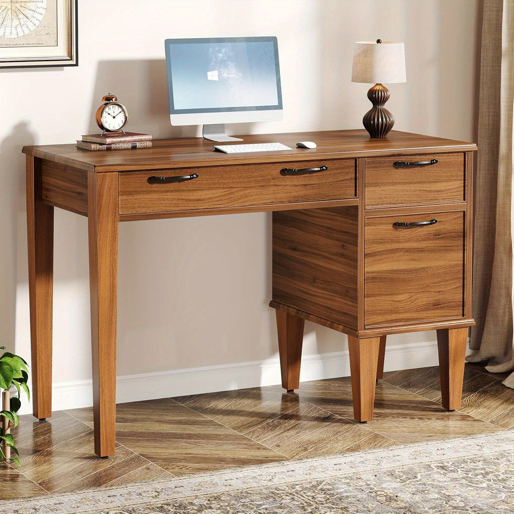 Heavy-Duty 47-Inch Home Office Desk with 3 Drawers - Farmhouse Computer Desk, Sturdy MDF Construction, Spacious Writing table for Living Room, Bedroom, Study - Easy Assembly, Brown Workspace Furniture, Classic Design, Engineered Wood, Remote Workers