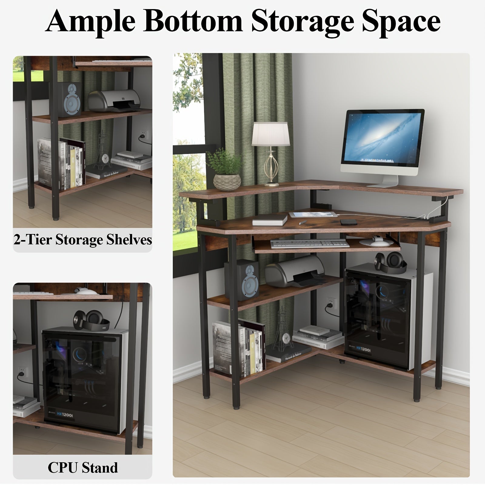 Corner Computer Desk with Monitor Stand & Keyboard Tray, Corner Desk with Storage Shelves, 90 Degree Triangle Corner Desk for Small Space, Gaming Computer Table with Home Office, Bedroom