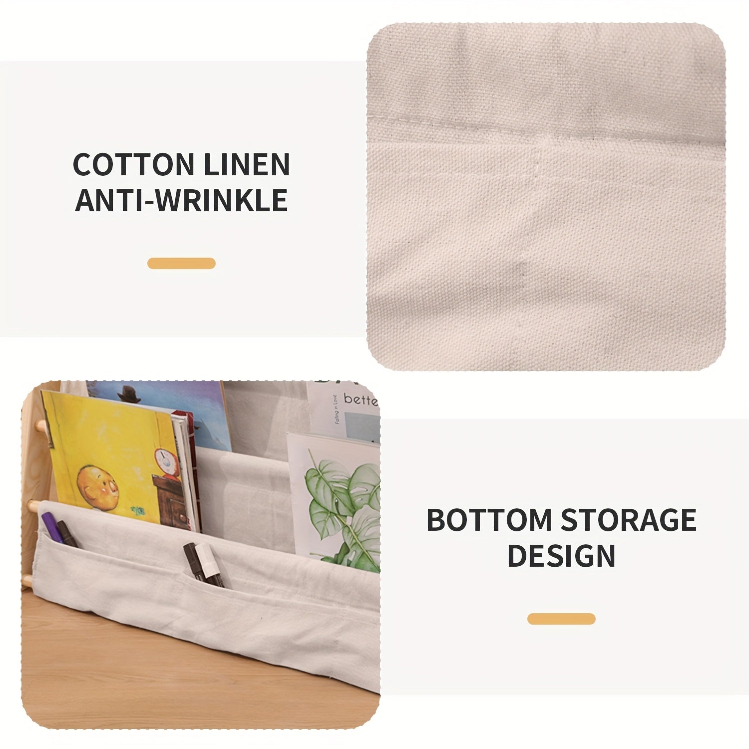 Crude Wood Bookshelf with Fabric Pockets - Rounded Edge Design Storybook Storage Rack with Screw Fixation, at Home And in Home Furniture Indoor Or Outdoor Tools