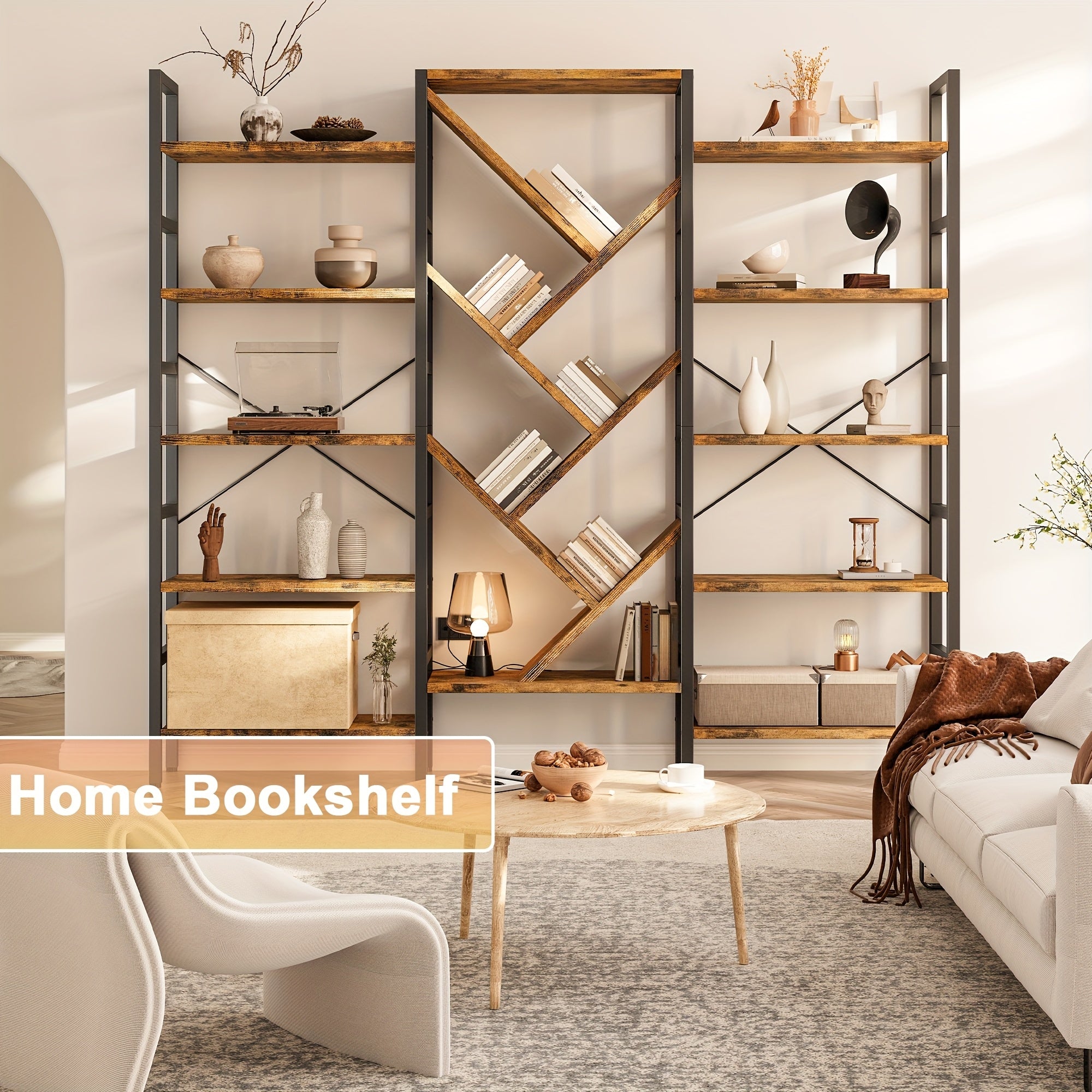 Modern Wooden Bookcase Modern 5-Tier Large Wooden Bookcase with 17 Open Display Shelves - Metal Frame, 70.9\