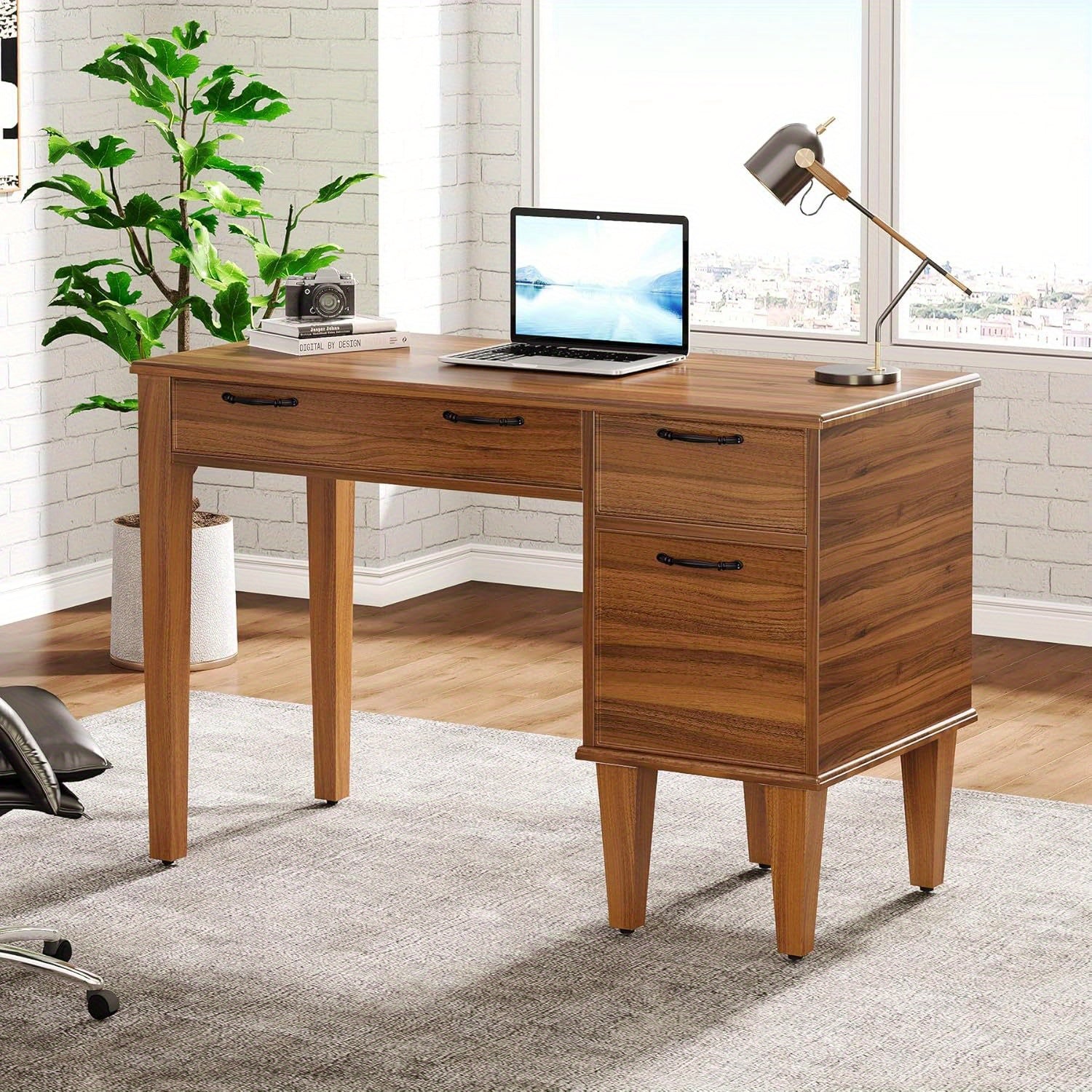 Heavy-Duty 47-Inch Home Office Desk with 3 Drawers - Farmhouse Computer Desk, Sturdy MDF Construction, Spacious Writing table for Living Room, Bedroom, Study - Easy Assembly, Brown Workspace Furniture, Classic Design, Engineered Wood, Remote Workers