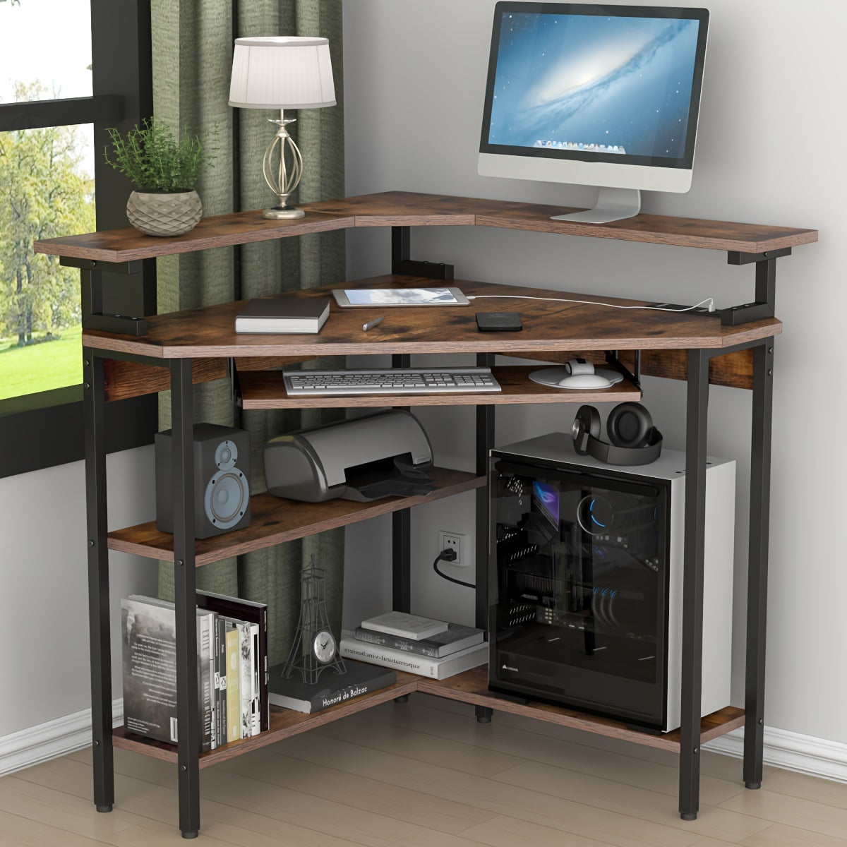 Corner Computer Desk with Monitor Stand & Keyboard Tray, Corner Desk with Storage Shelves, 90 Degree Triangle Corner Desk for Small Space, Gaming Computer Table with Home Office, Bedroom