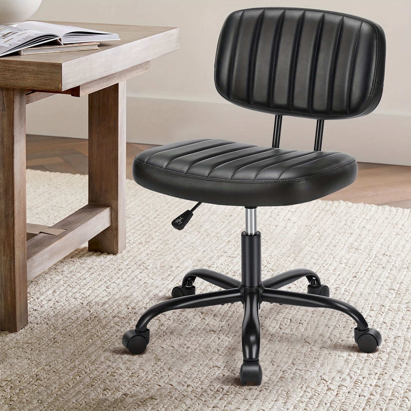Small Desk Chair Armless, Comfortable Office Chair with Wheels, Rolling Task Chair with Low Back Lumbar Support, Vanity Chair for Bedroom Living Room Study Room, PU Leather