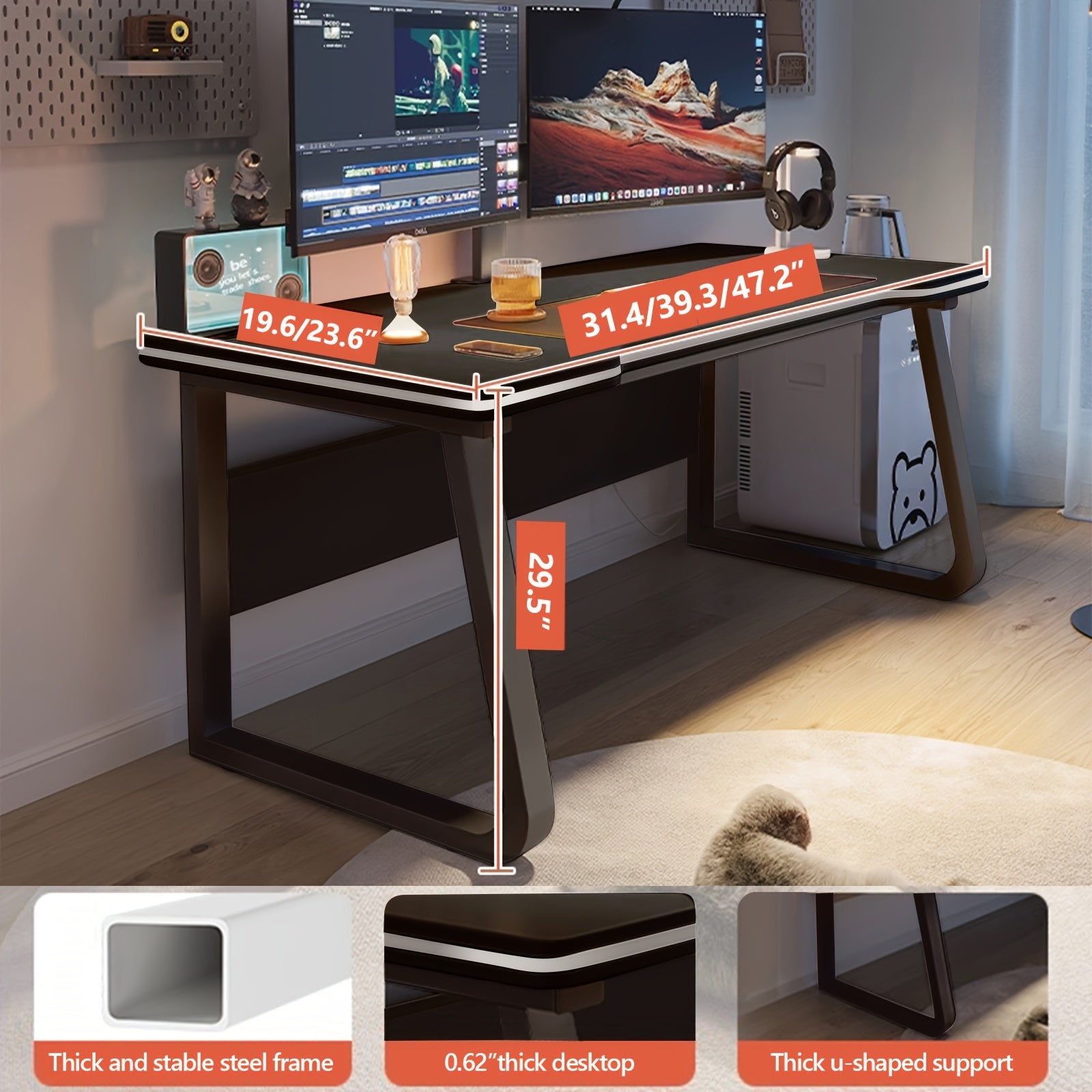 Home Office Desk | Simple Computer Desk, Study Writing Table, Workstation, Gaming Desk, Easy Assembly for Adults, Powder Coated Metal, Floor Mount, Oblong Shape, XUEGW Brand