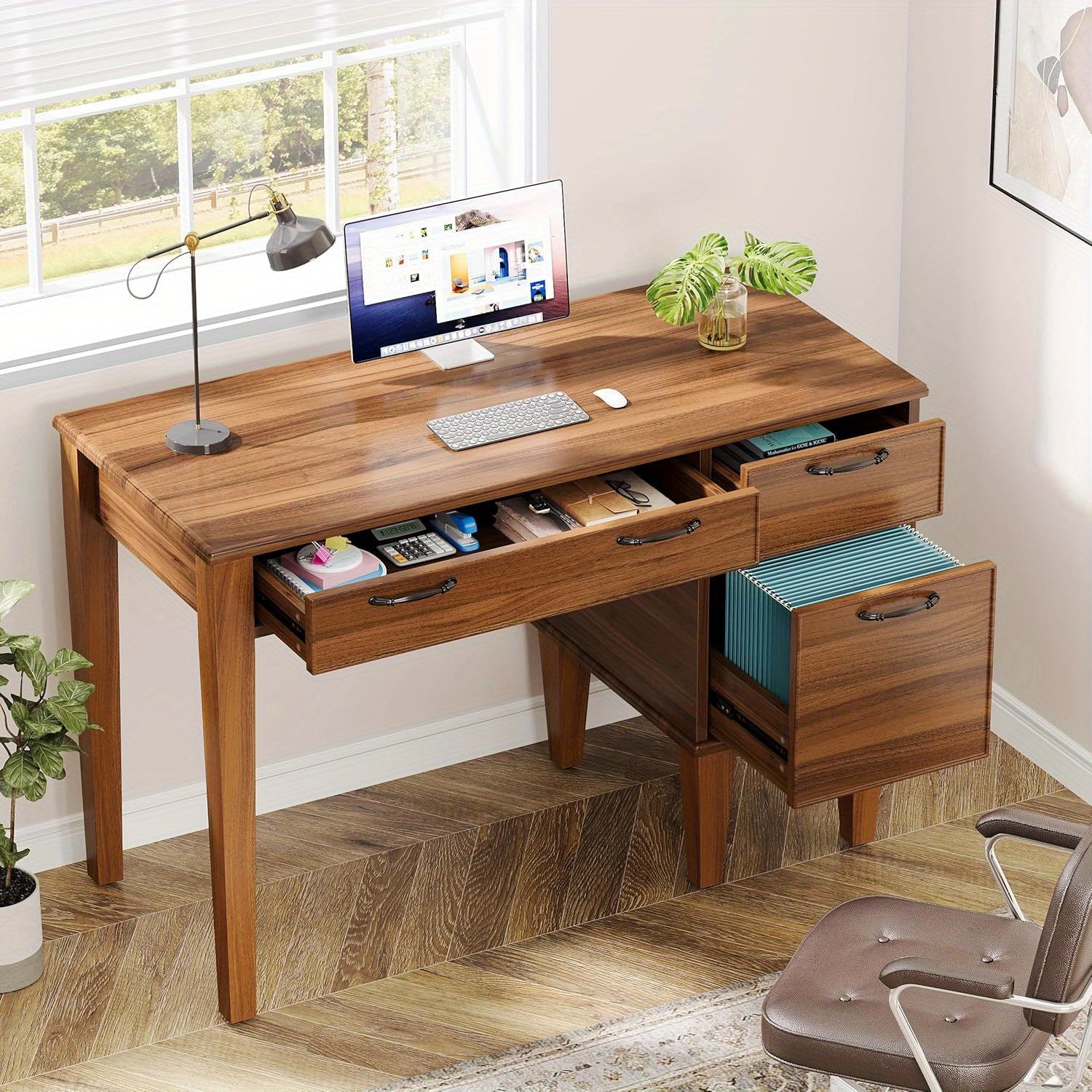 Heavy-Duty 47-Inch Home Office Desk with 3 Drawers - Farmhouse Computer Desk, Sturdy MDF Construction, Spacious Writing table for Living Room, Bedroom, Study - Easy Assembly, Brown Workspace Furniture, Classic Design, Engineered Wood, Remote Workers