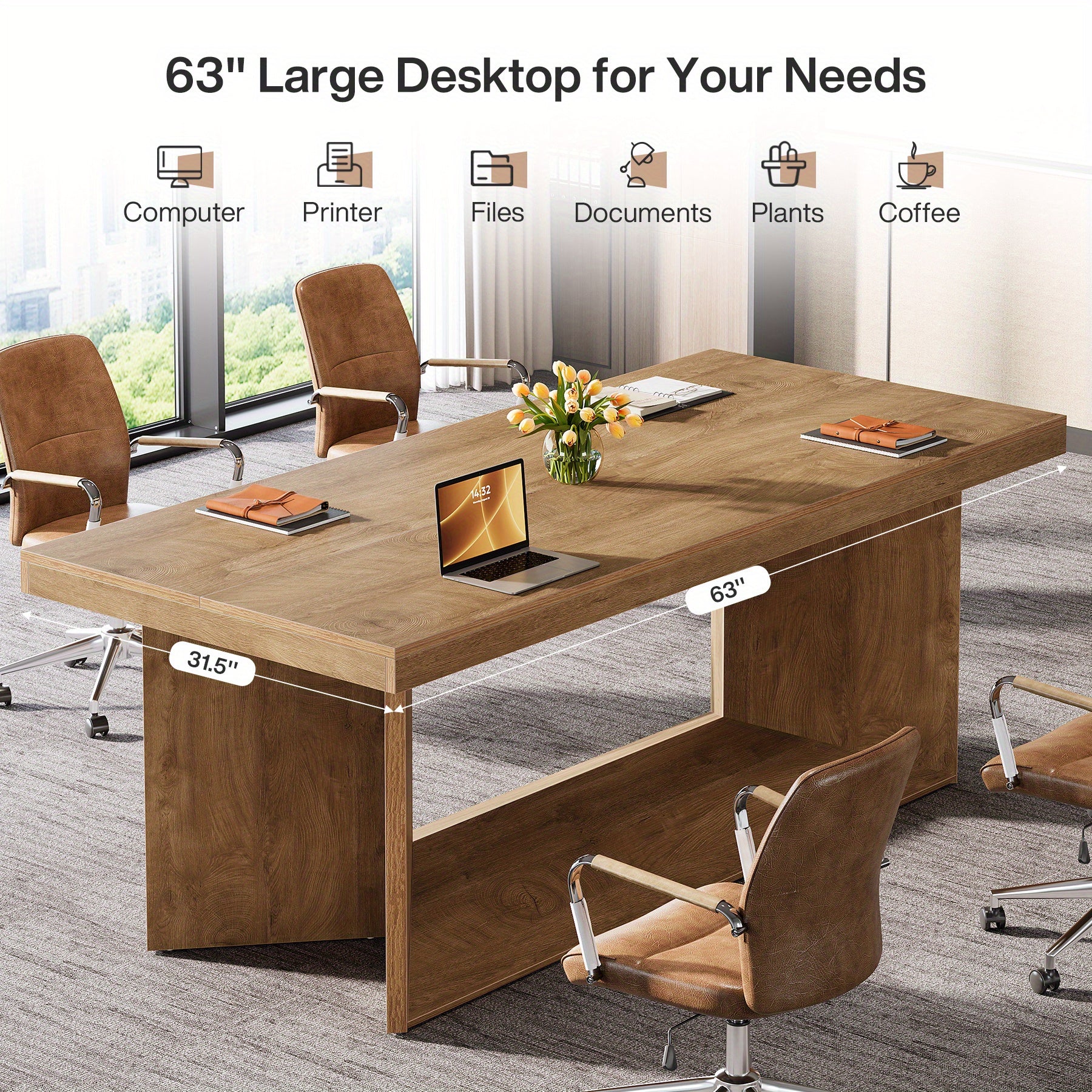 Executive Desk, Large Office Computer Desk with Heavy Duty Pedestal, Farmhouse Simple Workstation Writing Table, 63-Inch, Rustic Brown, for Home Office