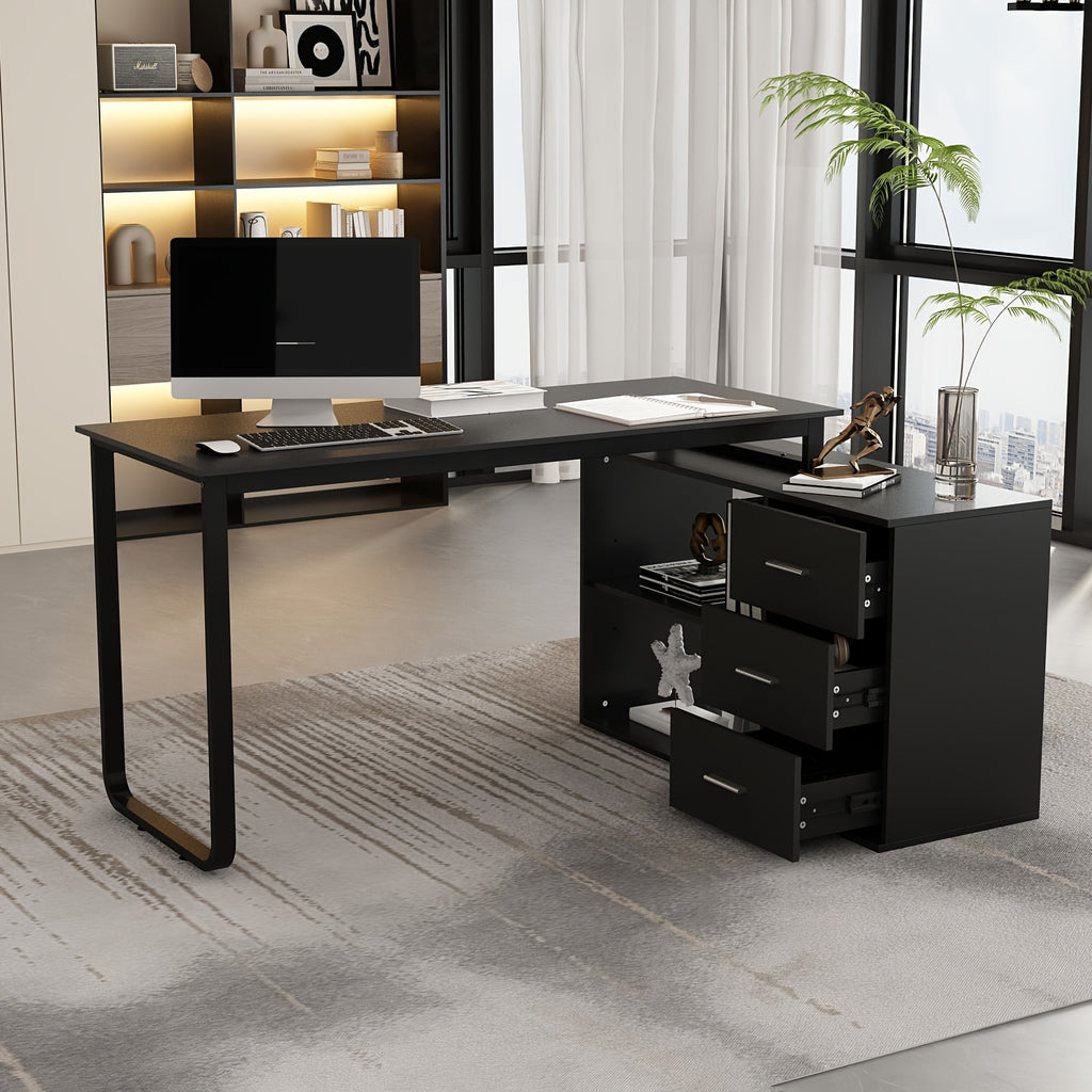 L-shaped Office Computer Desk with 3 Drawers And Open Storage Rack, Adjustable Shape, Modern Computer Desk with Spacious Desktop, Administrative Corner Desk, Study Desk, Writing Desk, Stylish Design