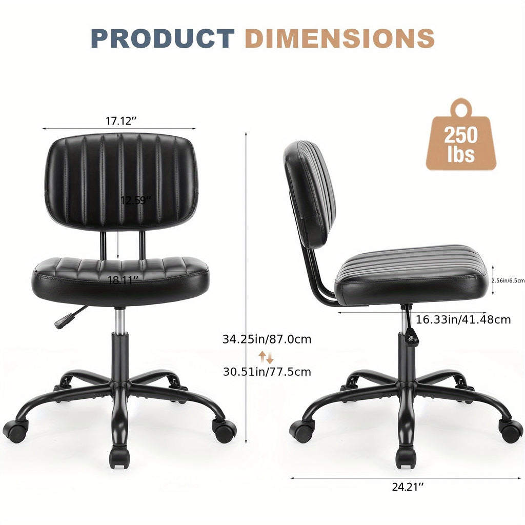 Small Desk Chair Armless, Comfortable Office Chair with Wheels, Rolling Task Chair with Low Back Lumbar Support, Vanity Chair for Bedroom Living Room Study Room, PU Leather