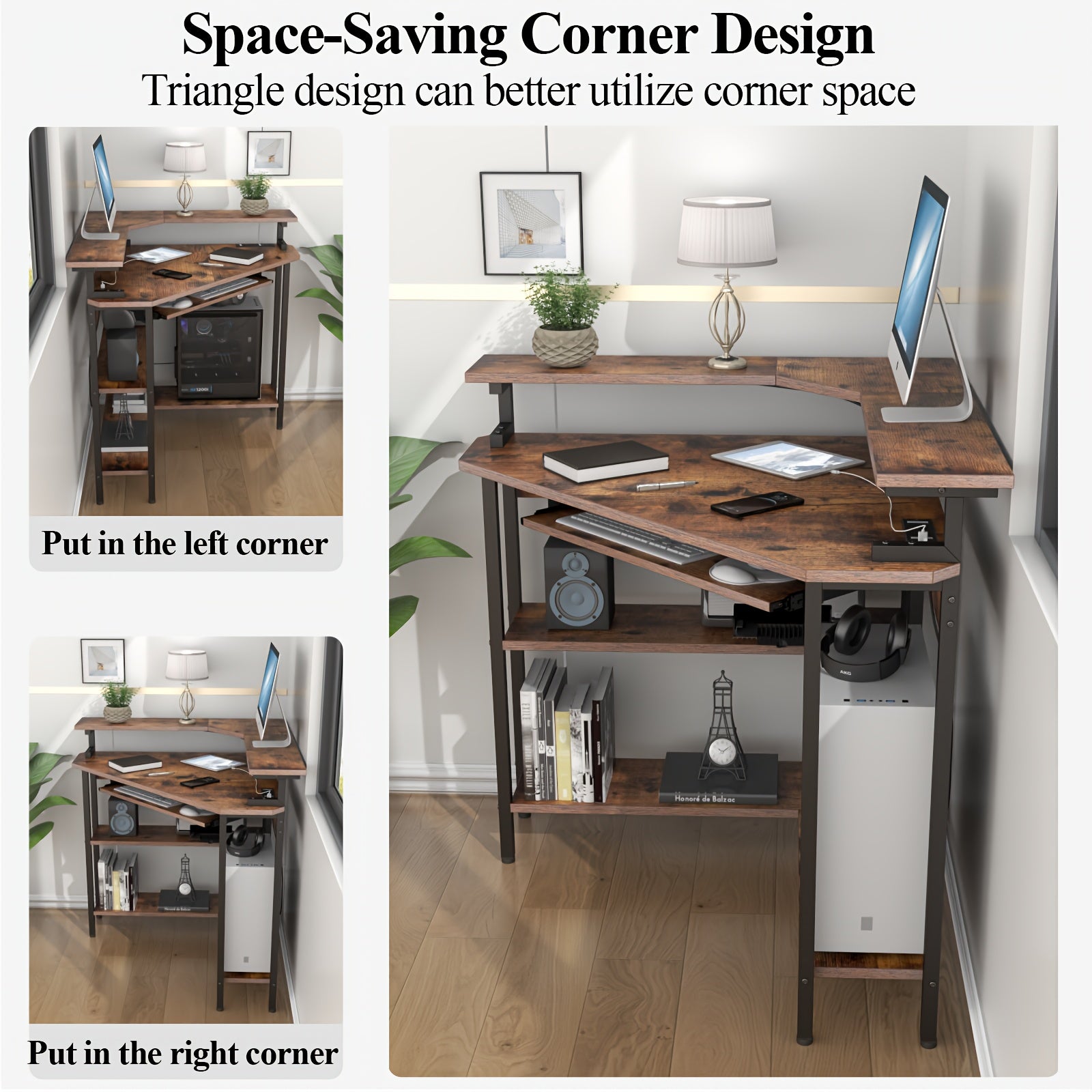 Corner Computer Desk with Monitor Stand & Keyboard Tray, Corner Desk with Storage Shelves, 90 Degree Triangle Corner Desk for Small Space, Gaming Computer Table with Home Office, Bedroom