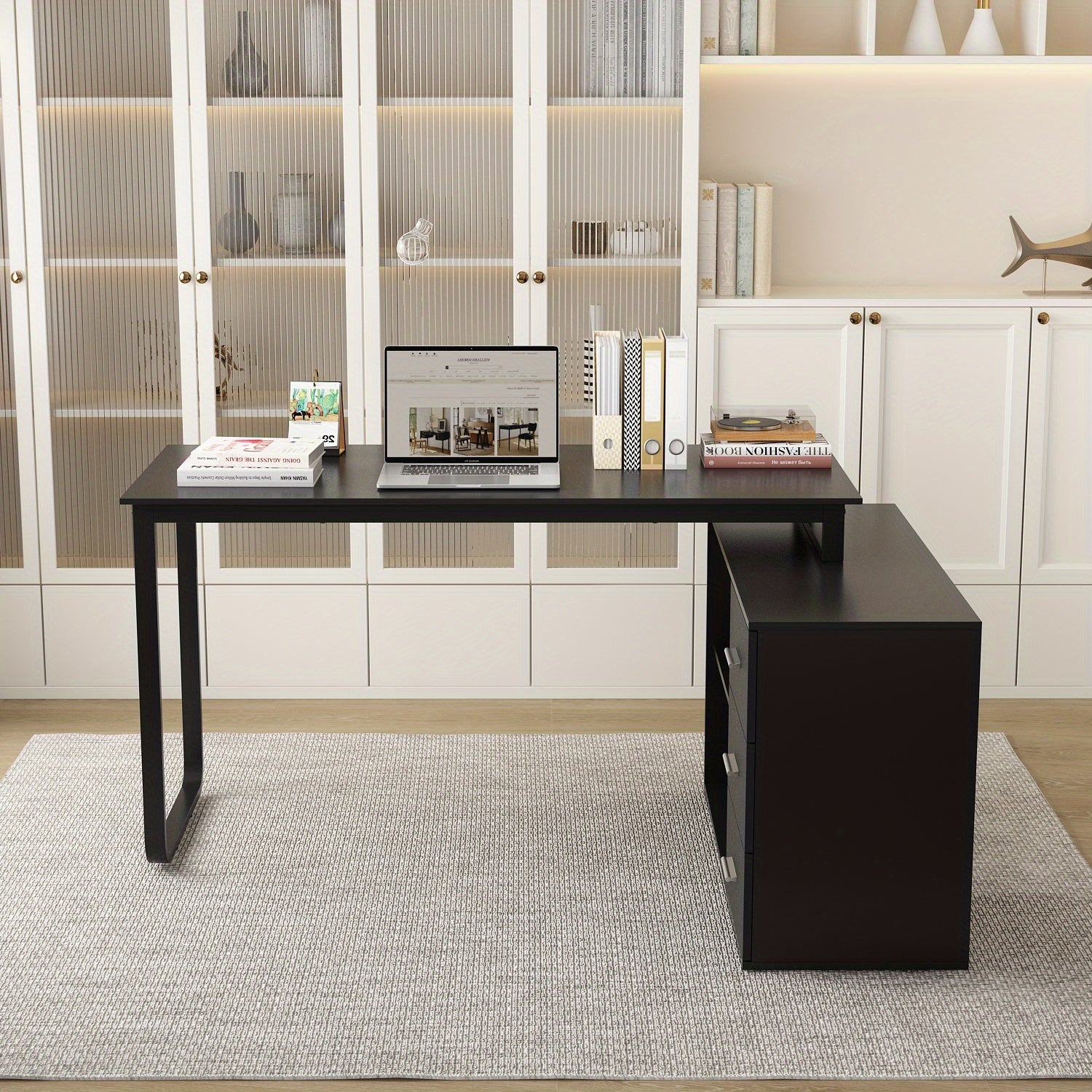 L-shaped Office Computer Desk with 3 Drawers And Open Storage Rack, Adjustable Shape, Modern Computer Desk with Spacious Desktop, Administrative Corner Desk, Study Desk, Writing Desk, Stylish Design