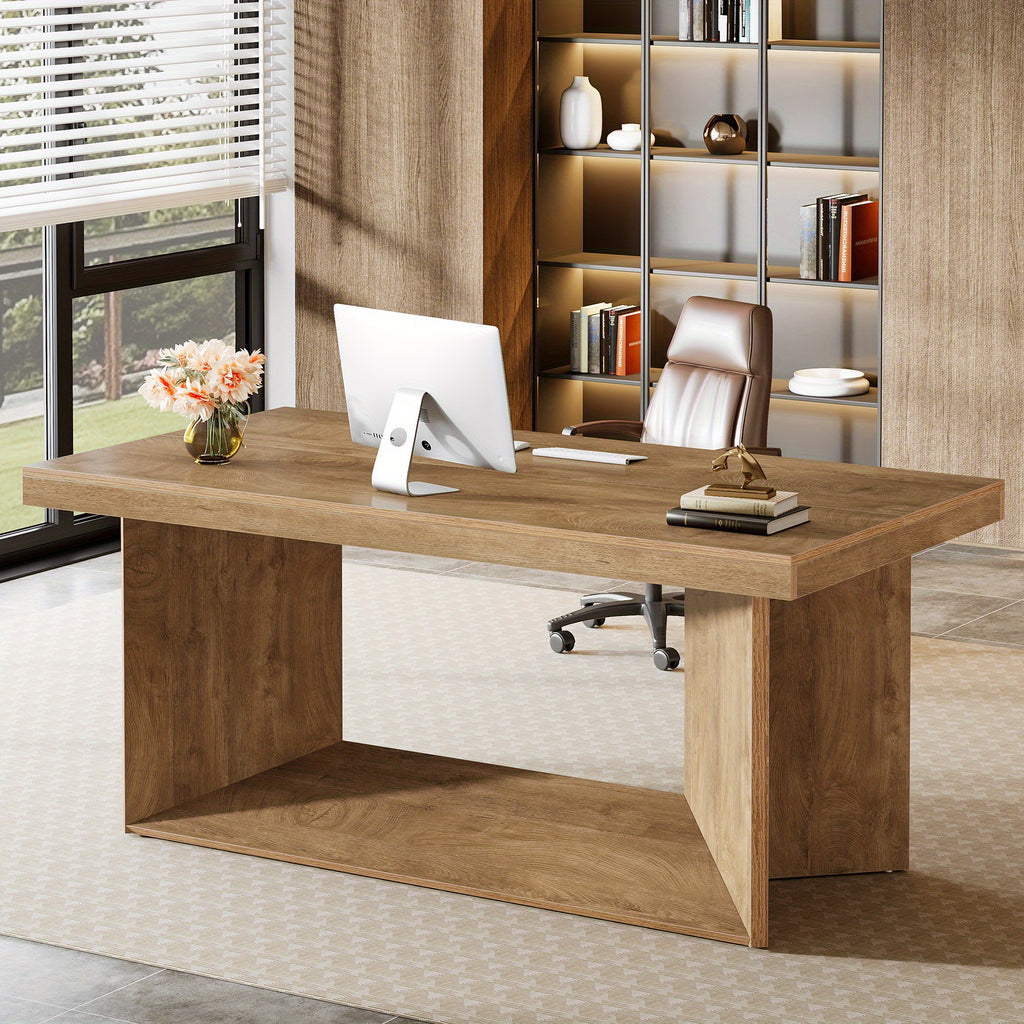 Executive Desk, Large Office Computer Desk with Heavy Duty Pedestal, Farmhouse Simple Workstation Writing Table, 63-Inch, Rustic Brown, for Home Office