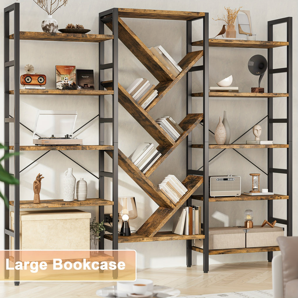 Modern Wooden Bookcase Modern 5-Tier Large Wooden Bookcase with 17 Open Display Shelves - Metal Frame, 70.9\