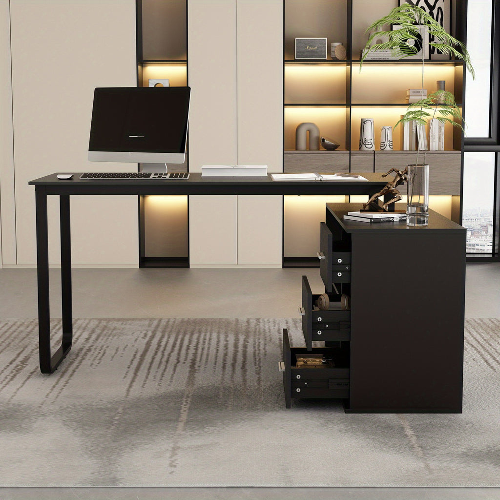 L-shaped Office Computer Desk with 3 Drawers And Open Storage Rack, Adjustable Shape, Modern Computer Desk with Spacious Desktop, Administrative Corner Desk, Study Desk, Writing Desk, Stylish Design