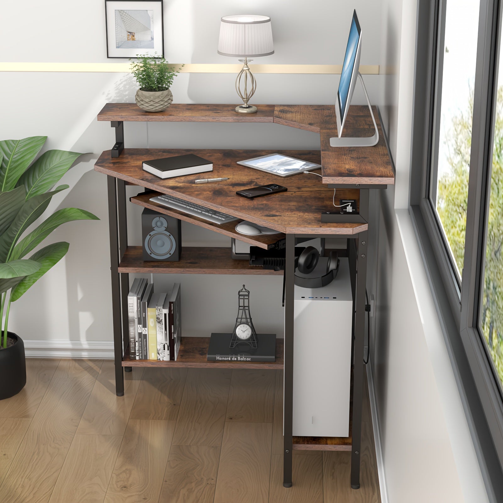 Corner Computer Desk with Monitor Stand & Keyboard Tray, Corner Desk with Storage Shelves, 90 Degree Triangle Corner Desk for Small Space, Gaming Computer Table with Home Office, Bedroom