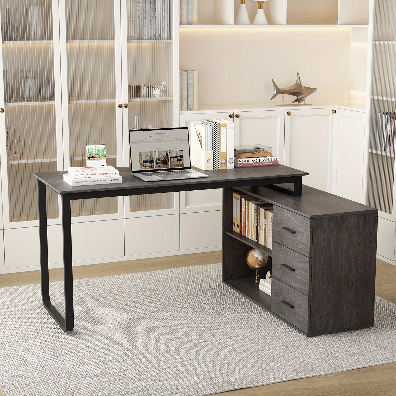 L-shaped Office Computer Desk with 3 Drawers And Open Storage Rack, Adjustable Shape, Modern Computer Desk with Spacious Desktop, Administrative Corner Desk, Study Desk, Writing Desk, Stylish Design