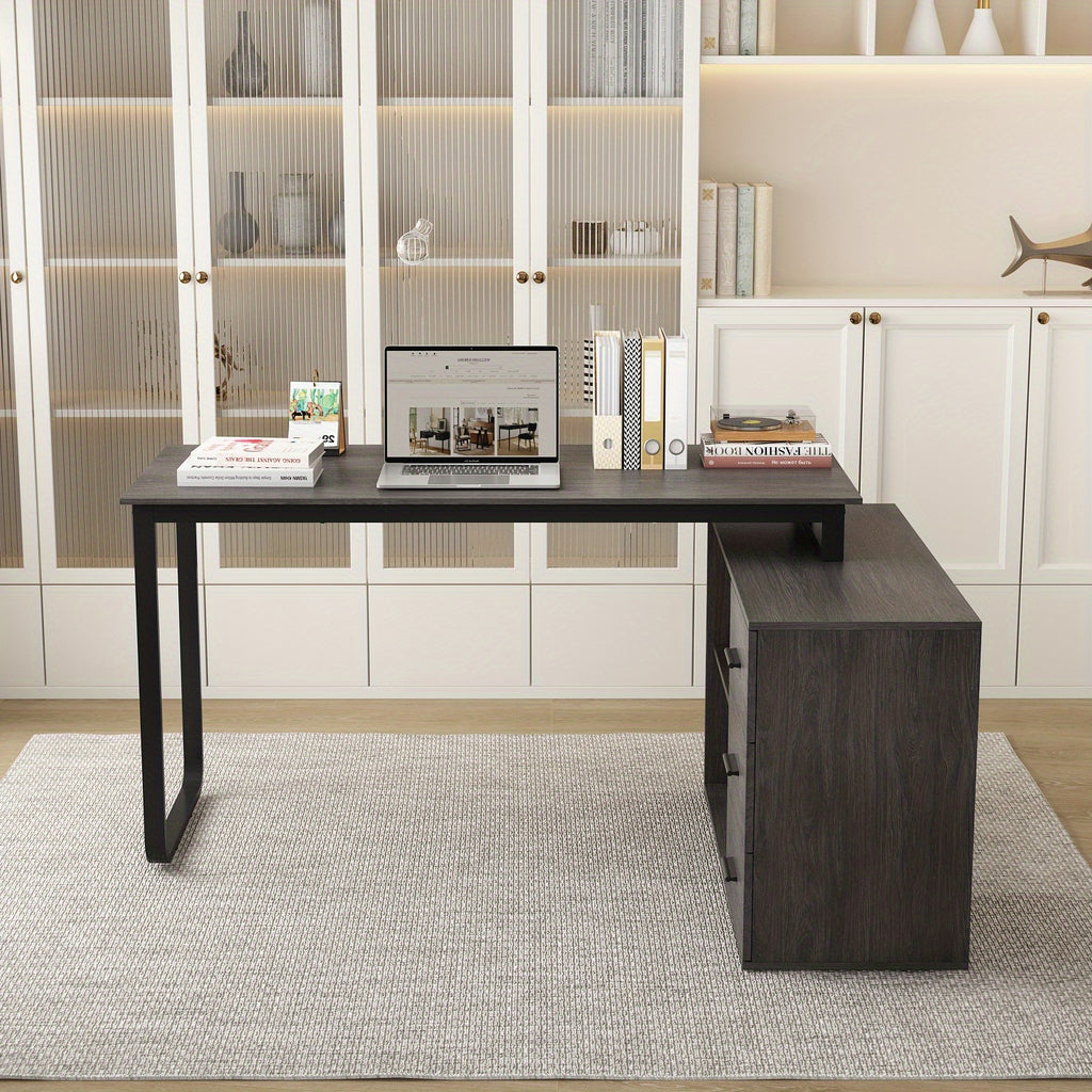 L-shaped Office Computer Desk with 3 Drawers And Open Storage Rack, Adjustable Shape, Modern Computer Desk with Spacious Desktop, Administrative Corner Desk, Study Desk, Writing Desk, Stylish Design