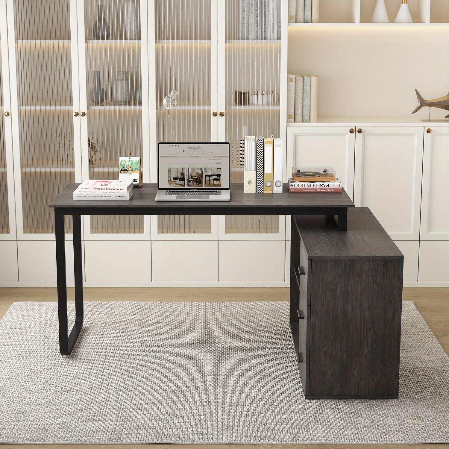 L-shaped Office Computer Desk with 3 Drawers And Open Storage Rack, Adjustable Shape, Modern Computer Desk with Spacious Desktop, Administrative Corner Desk, Study Desk, Writing Desk, Stylish Design
