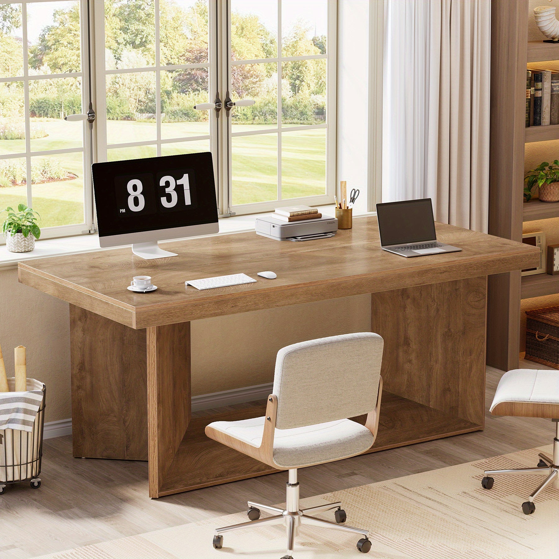Executive Desk, Large Office Computer Desk with Heavy Duty Pedestal, Farmhouse Simple Workstation Writing Table, 63-Inch, Rustic Brown, for Home Office