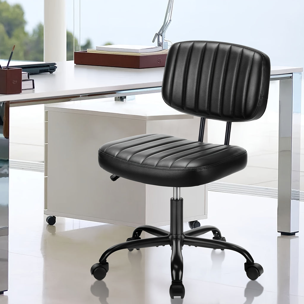 Small Desk Chair Armless, Comfortable Office Chair with Wheels, Rolling Task Chair with Low Back Lumbar Support, Vanity Chair for Bedroom Living Room Study Room, PU Leather