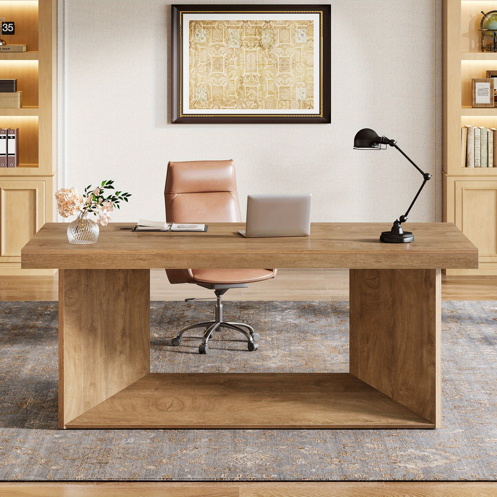 Executive Desk, Large Office Computer Desk with Heavy Duty Pedestal, Farmhouse Simple Workstation Writing Table, 63-Inch, Rustic Brown, for Home Office