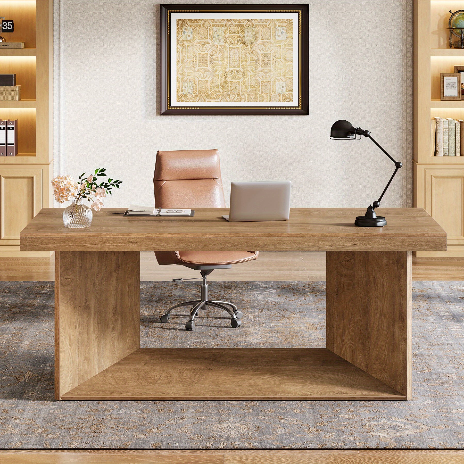 Executive Desk, Large Office Computer Desk with Heavy Duty Pedestal, Farmhouse Simple Workstation Writing Table, 63-Inch, Rustic Brown, for Home Office