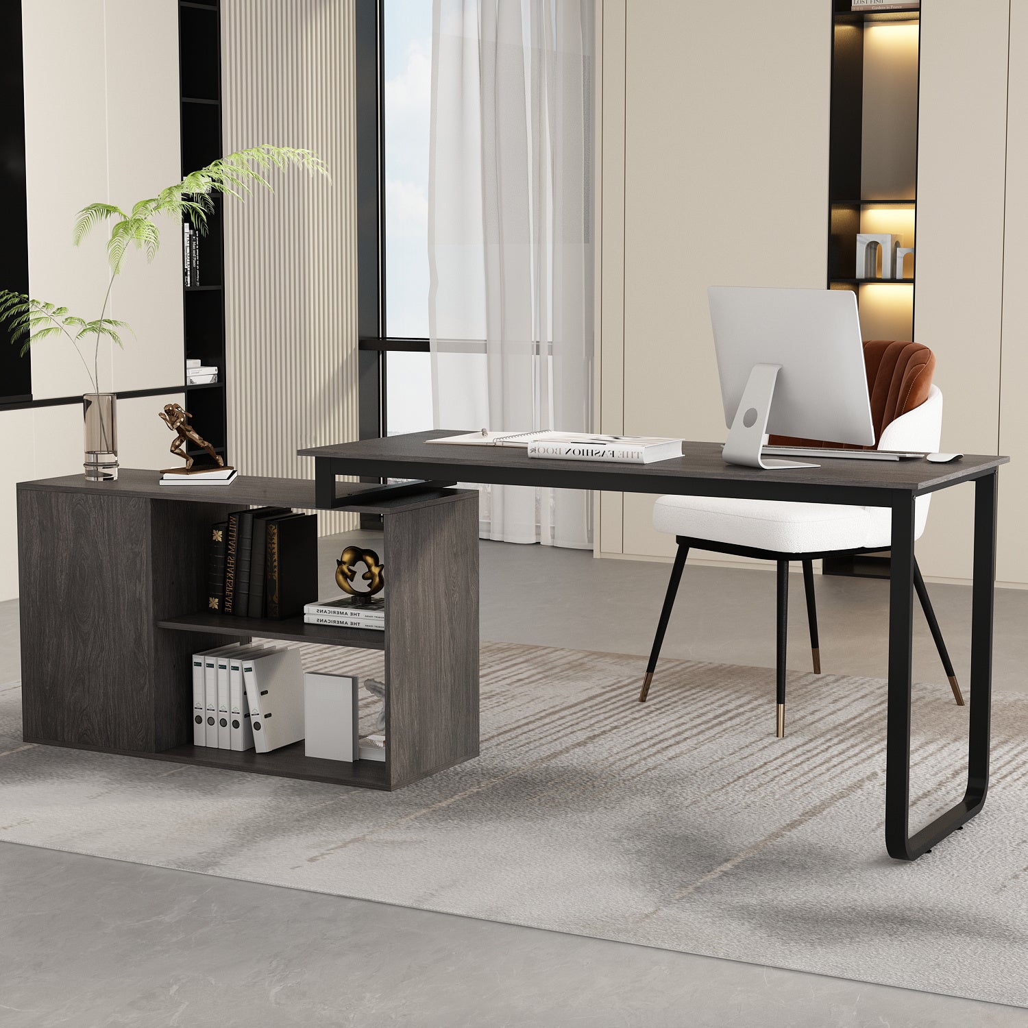 L-shaped Office Computer Desk with 3 Drawers And Open Storage Rack, Adjustable Shape, Modern Computer Desk with Spacious Desktop, Administrative Corner Desk, Study Desk, Writing Desk, Stylish Design