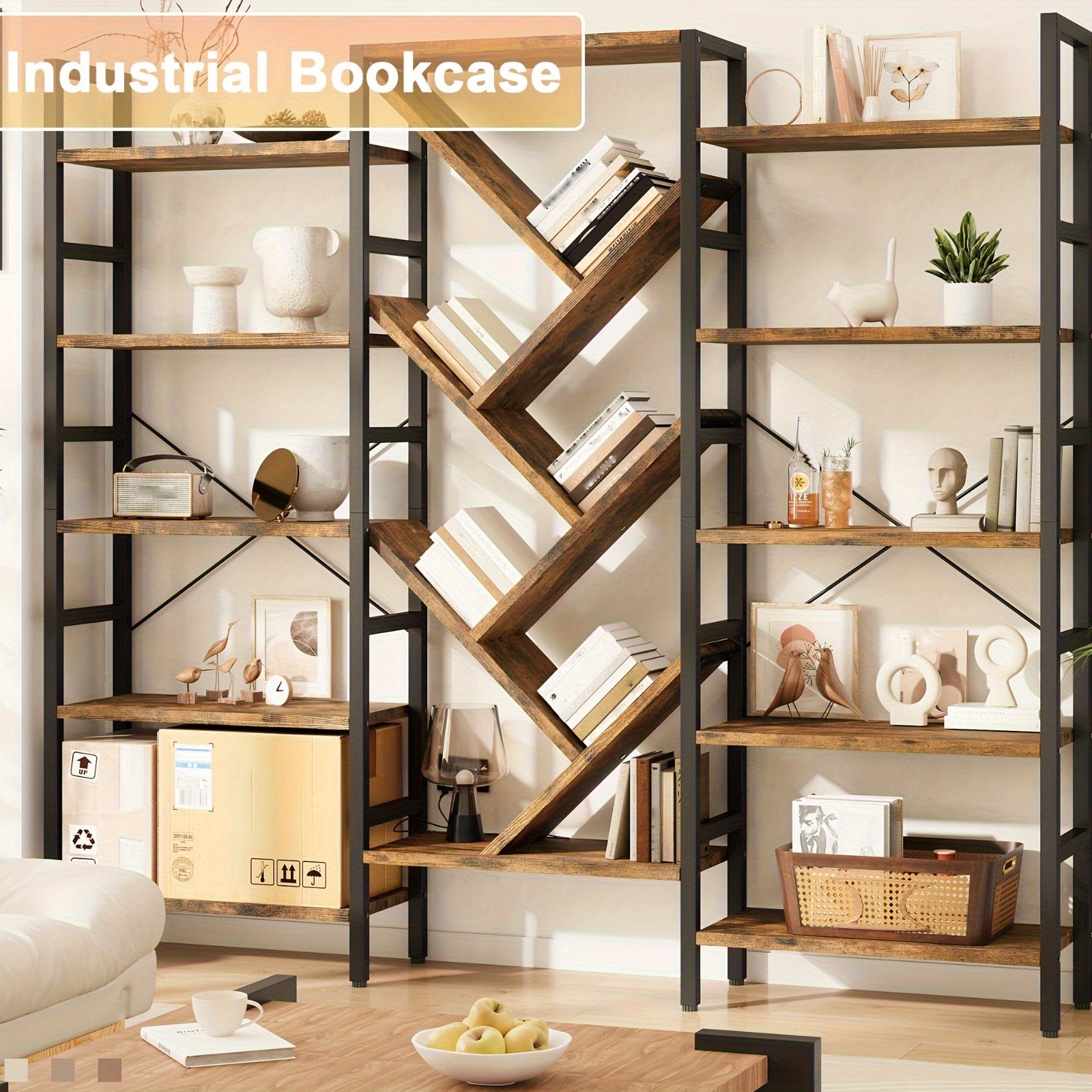 Modern Wooden Bookcase Modern 5-Tier Large Wooden Bookcase with 17 Open Display Shelves - Metal Frame, 70.9\