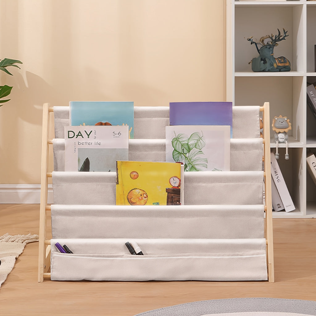 Crude Wood Bookshelf with Fabric Pockets - Rounded Edge Design Storybook Storage Rack with Screw Fixation, at Home And in Home Furniture Indoor Or Outdoor Tools