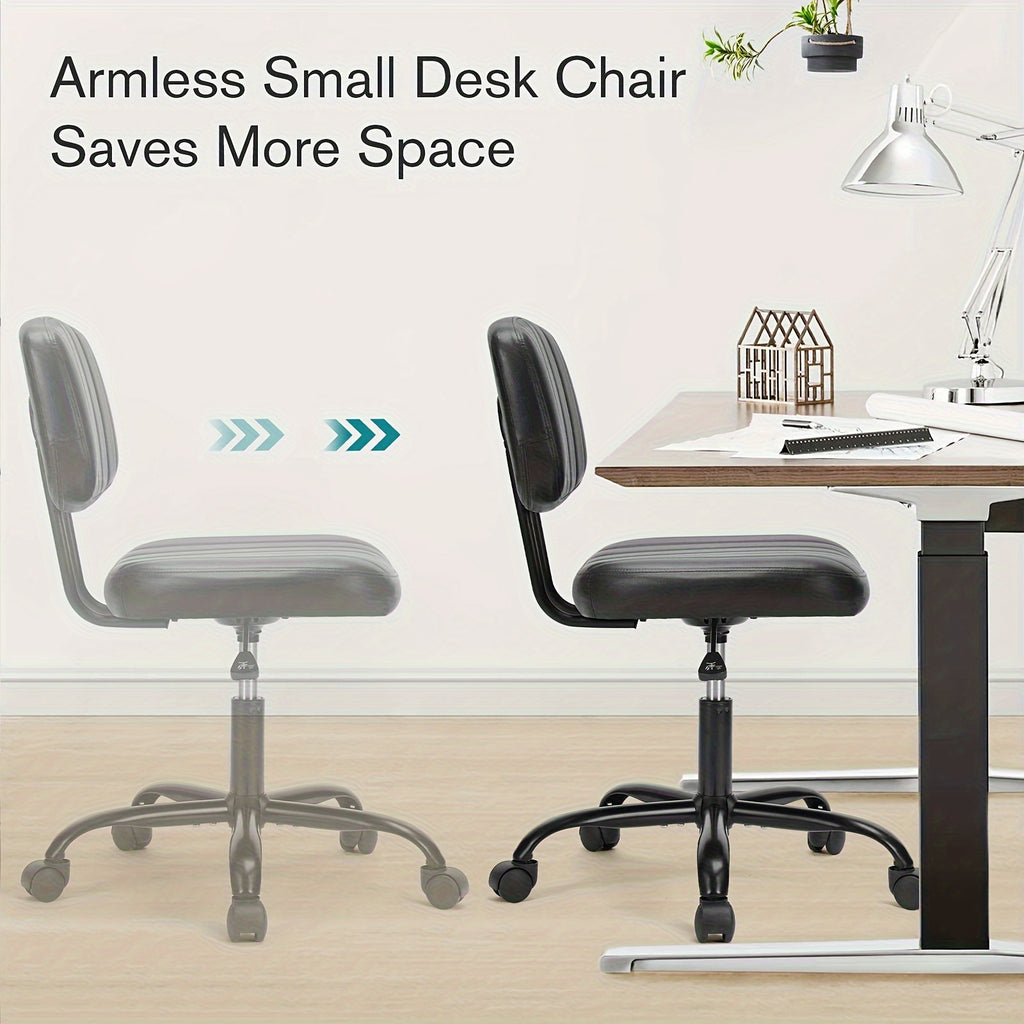 Small Desk Chair Armless, Comfortable Office Chair with Wheels, Rolling Task Chair with Low Back Lumbar Support, Vanity Chair for Bedroom Living Room Study Room, PU Leather