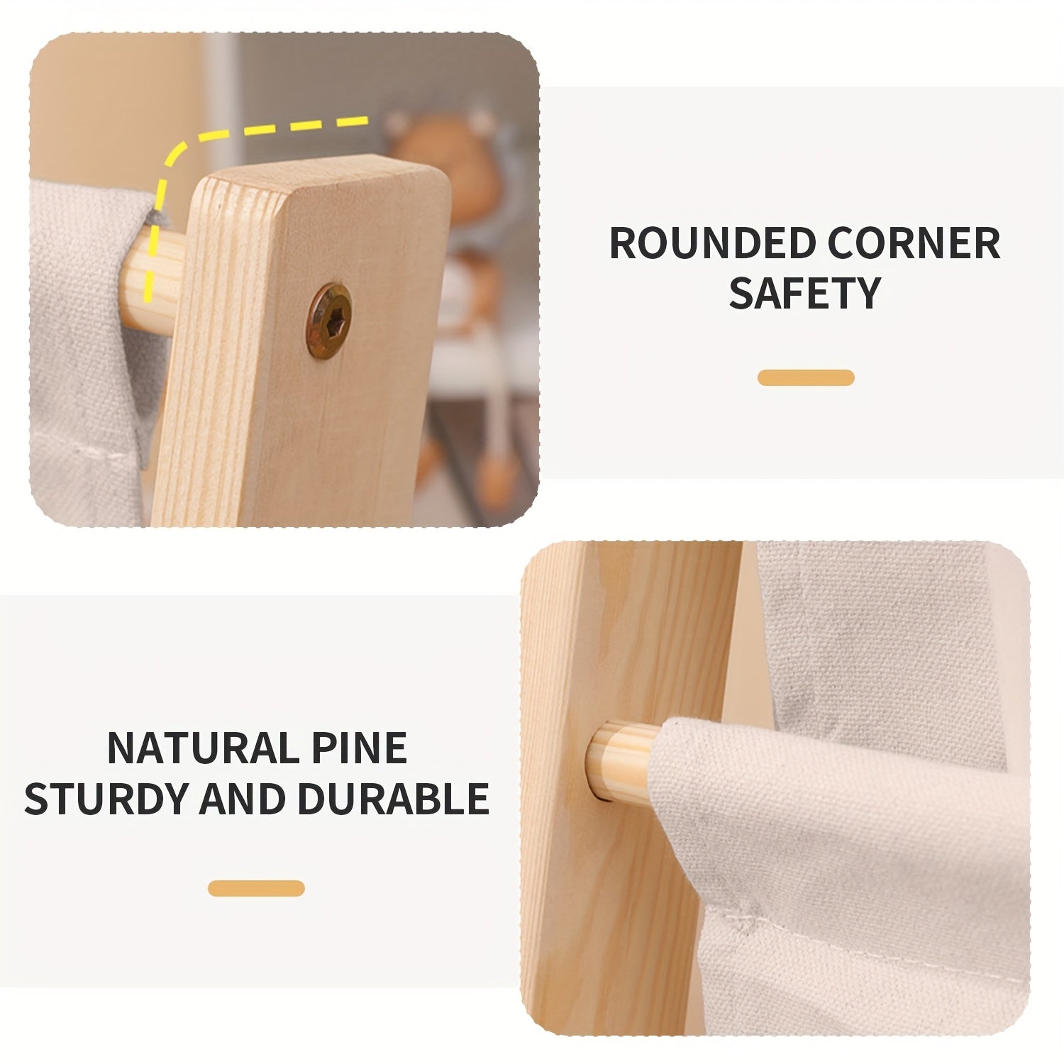 Crude Wood Bookshelf with Fabric Pockets - Rounded Edge Design Storybook Storage Rack with Screw Fixation, at Home And in Home Furniture Indoor Or Outdoor Tools