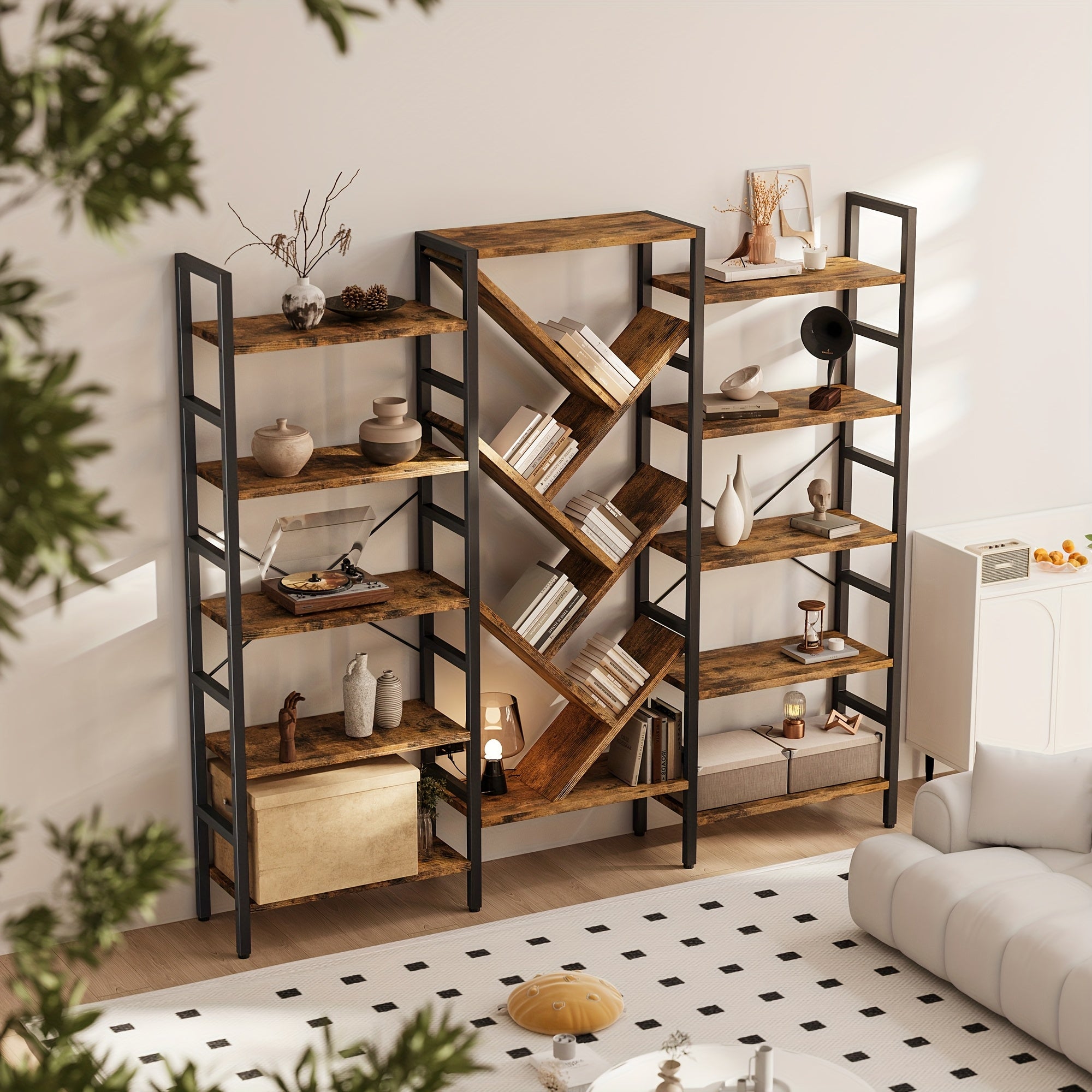 Modern Wooden Bookcase Modern 5-Tier Large Wooden Bookcase with 17 Open Display Shelves - Metal Frame, 70.9\