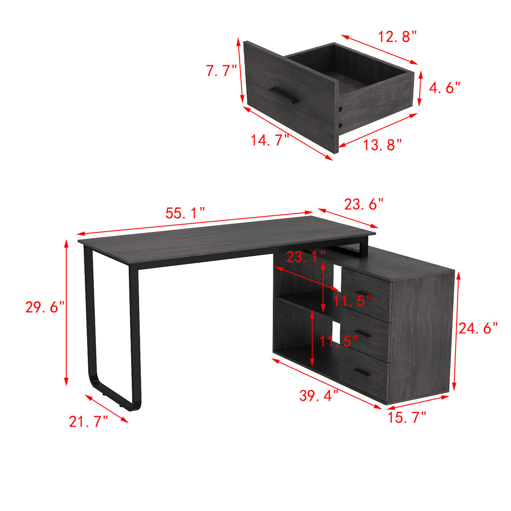 L-shaped Office Computer Desk with 3 Drawers And Open Storage Rack, Adjustable Shape, Modern Computer Desk with Spacious Desktop, Administrative Corner Desk, Study Desk, Writing Desk, Stylish Design