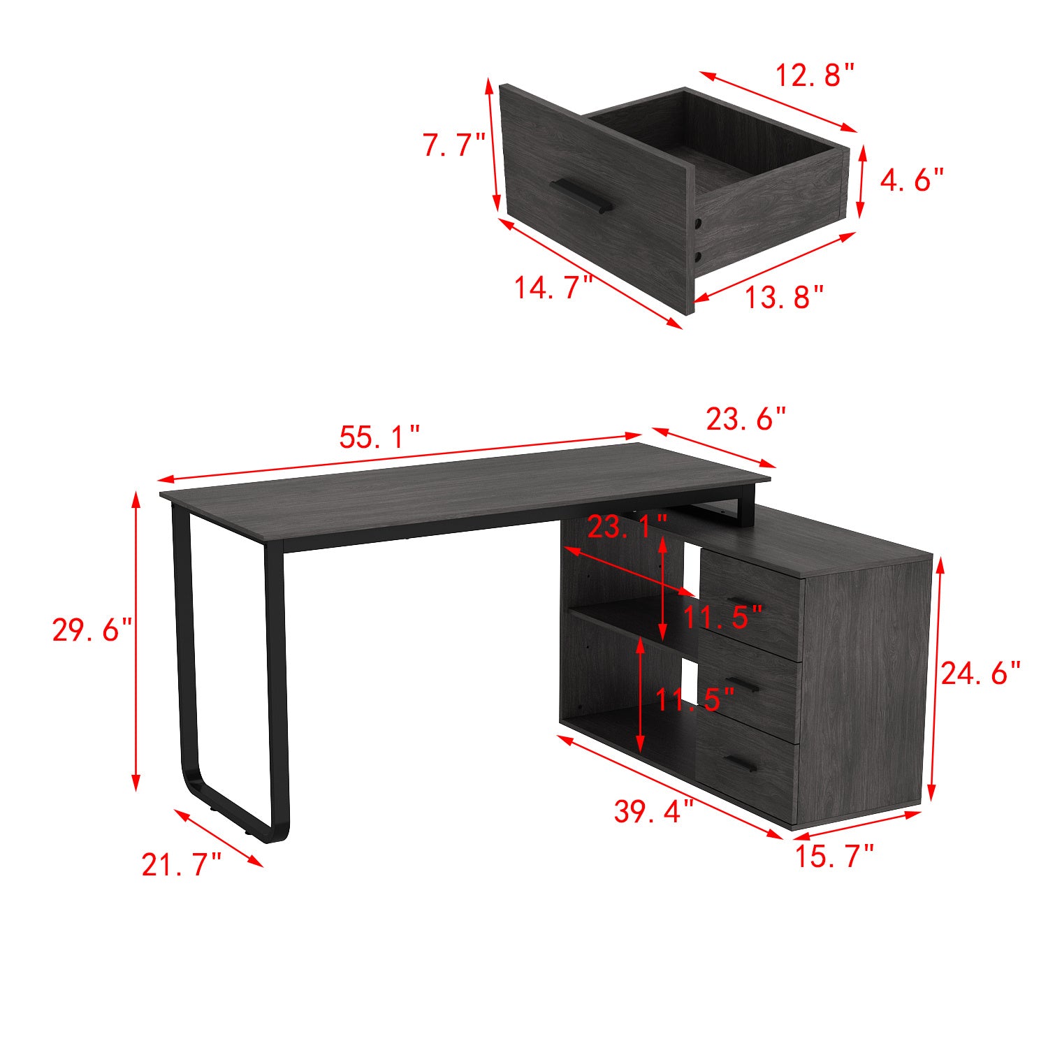 L-shaped Office Computer Desk with 3 Drawers And Open Storage Rack, Adjustable Shape, Modern Computer Desk with Spacious Desktop, Administrative Corner Desk, Study Desk, Writing Desk, Stylish Design