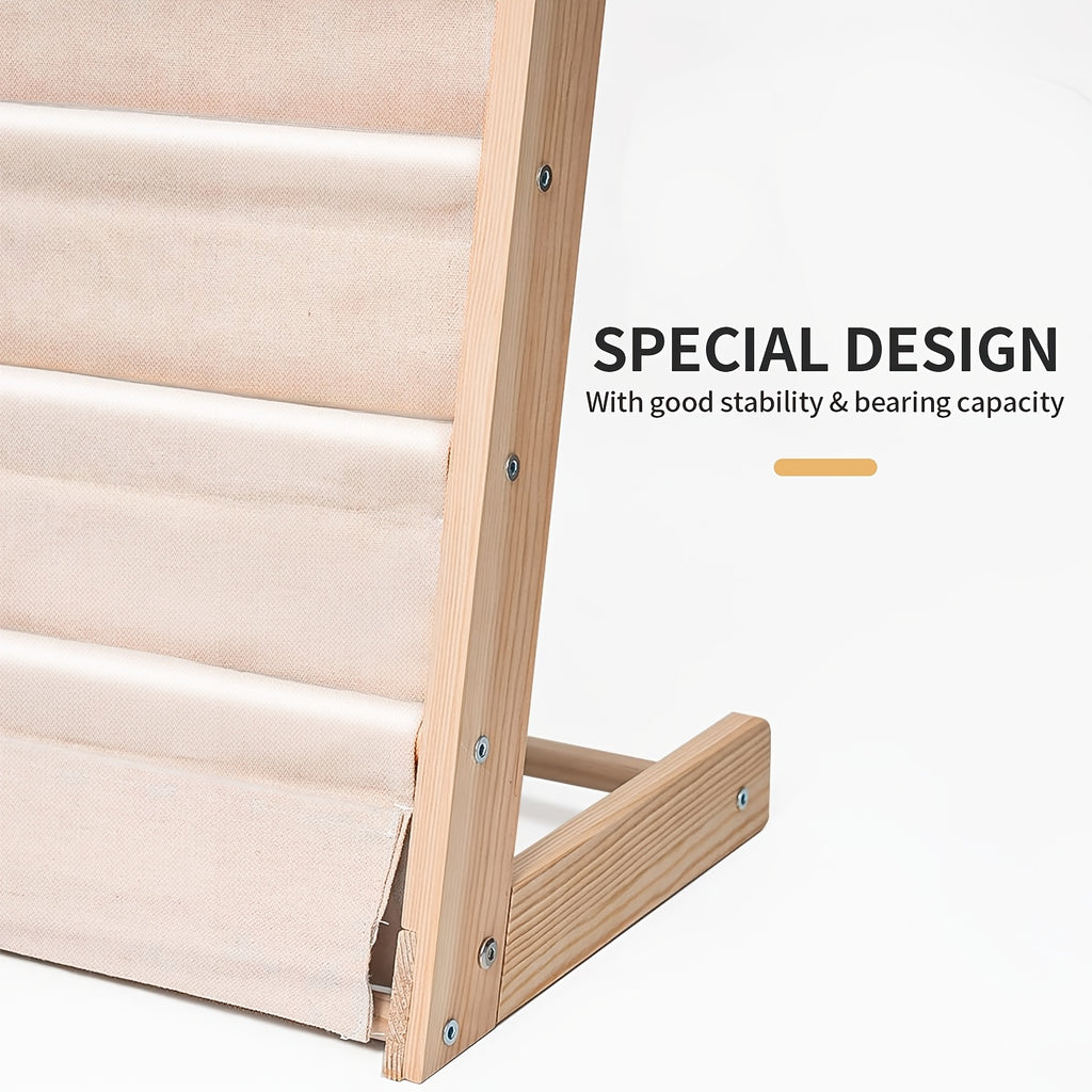 Crude Wood Bookshelf with Fabric Pockets - Rounded Edge Design Storybook Storage Rack with Screw Fixation, at Home And in Home Furniture Indoor Or Outdoor Tools