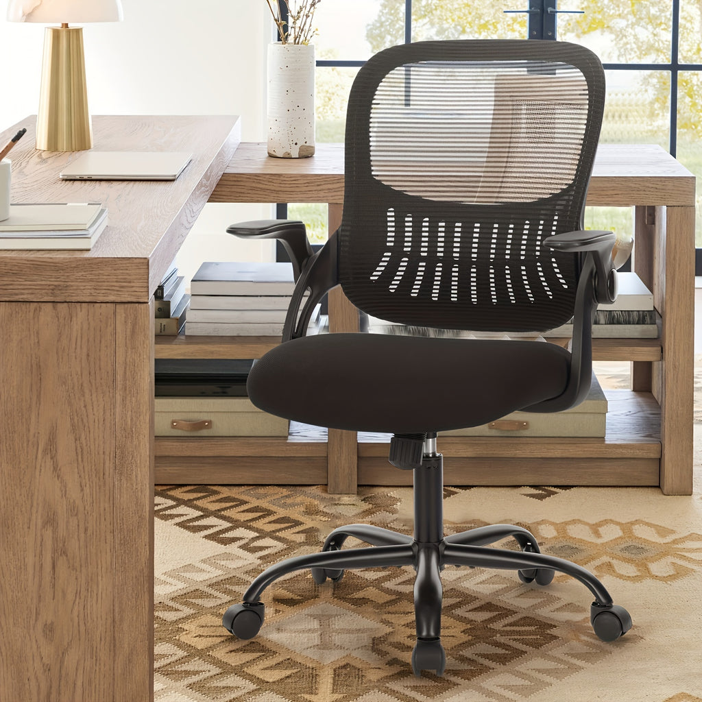 Office Computer Desk Chair, Ergonomic Mid-Back Mesh Rolling Work Swivel Task Chairs with Comfortable Lumbar Support, Wheels, Comfy Flip-up Arms for Home, Bedroom, Study, Student