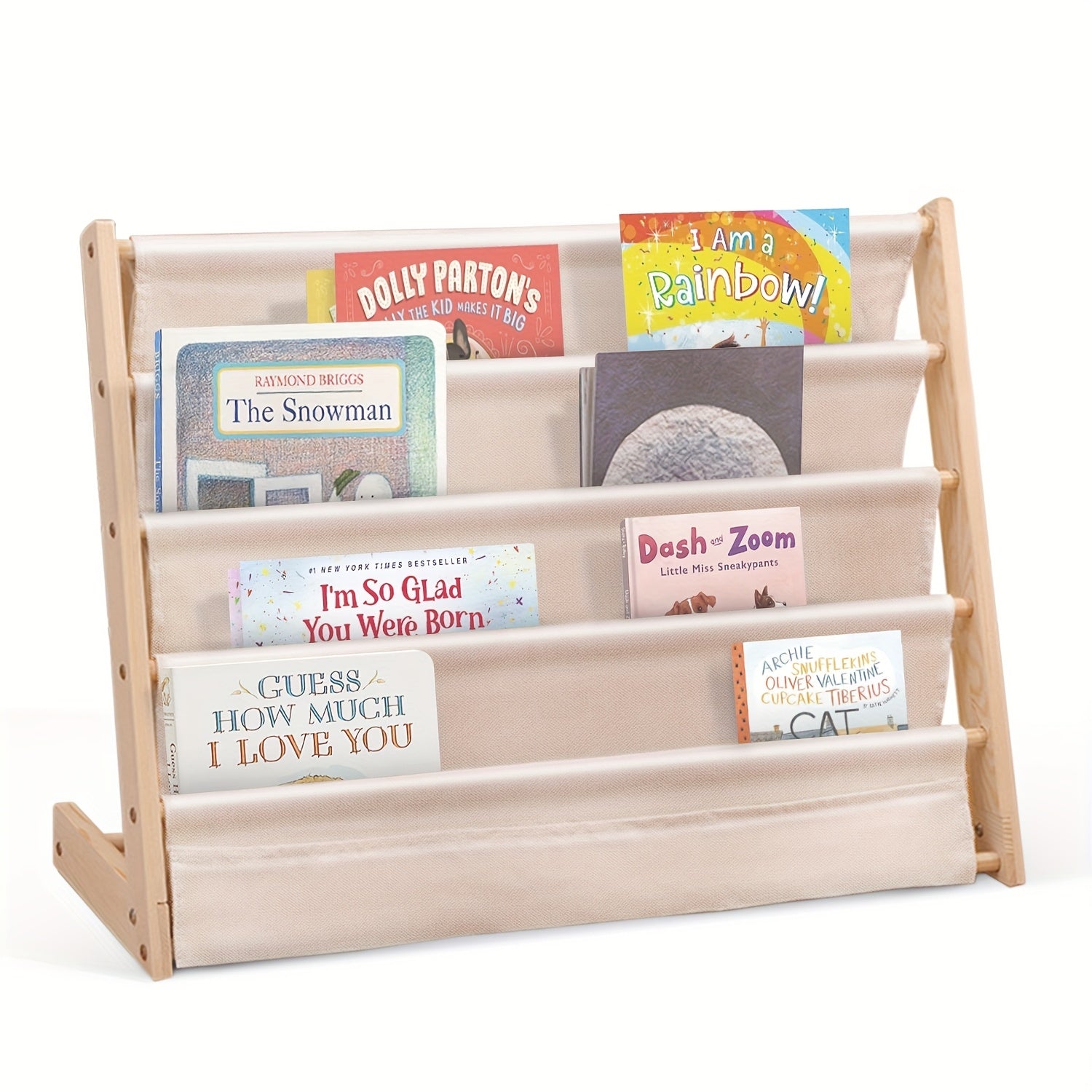 Crude Wood Bookshelf with Fabric Pockets - Rounded Edge Design Storybook Storage Rack with Screw Fixation, at Home And in Home Furniture Indoor Or Outdoor Tools